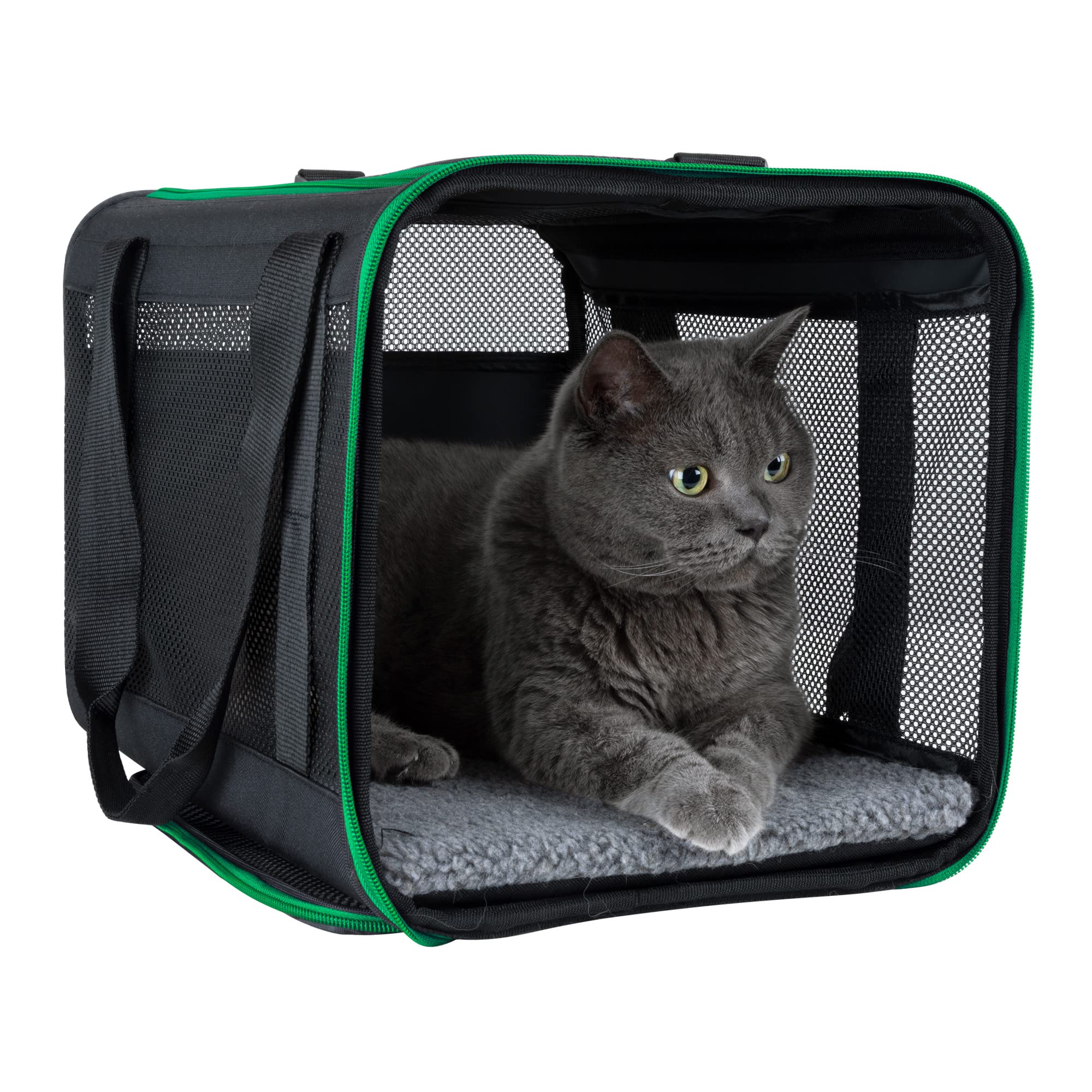 Petisfam Soft Pet Carrier Bag For Easy Travel With Medium, Large Cats, 2 Kitties And Small Dogs. Easy To Get Cat In. Easy Vet Visit. Easy Storage. Black W/Green Trim, L