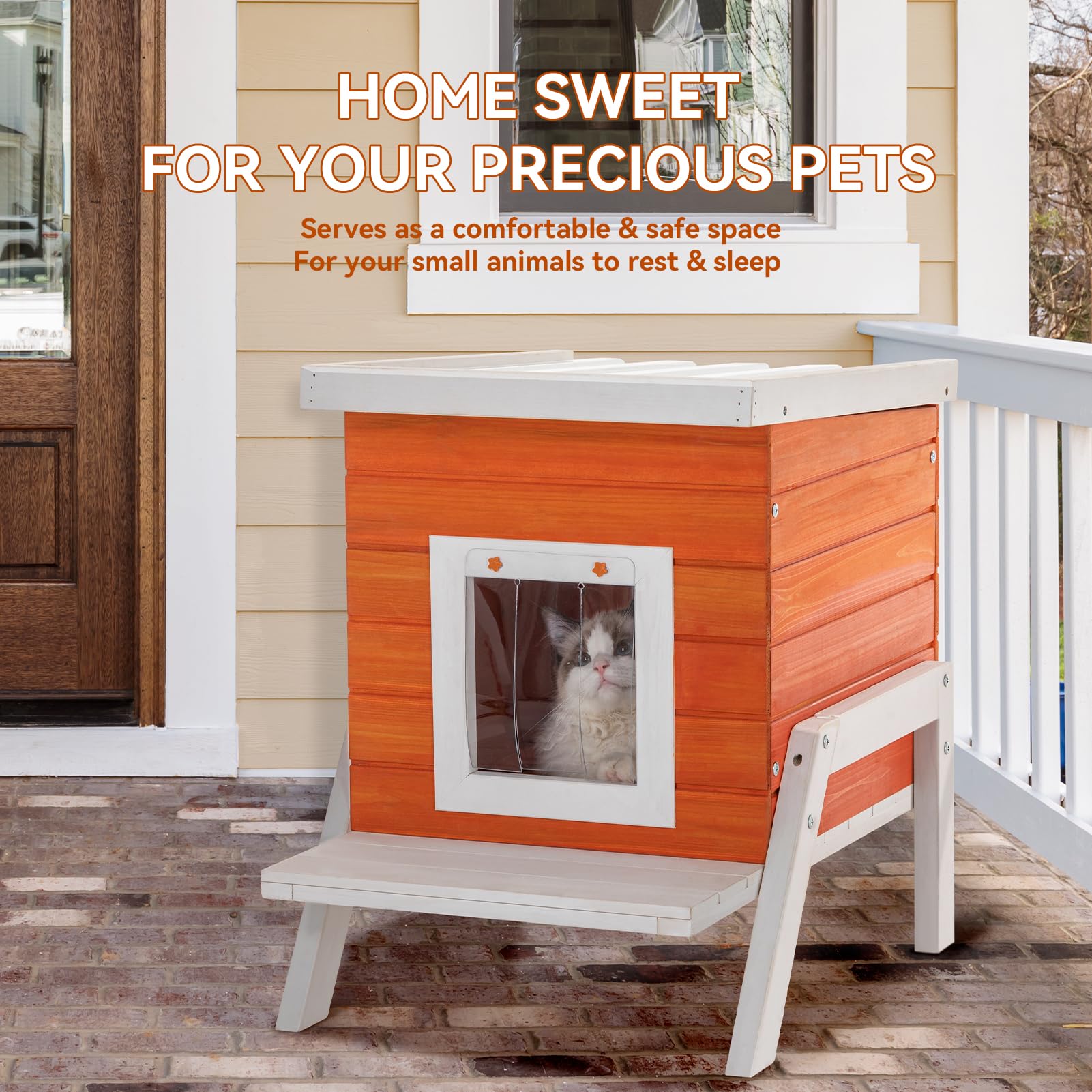 Petsfit Cat House Outdoor, Insulated High Feet + Feeding Station +Door Curtain, Wood Outside Cat House, Bunny Rabbit Hutch Orange