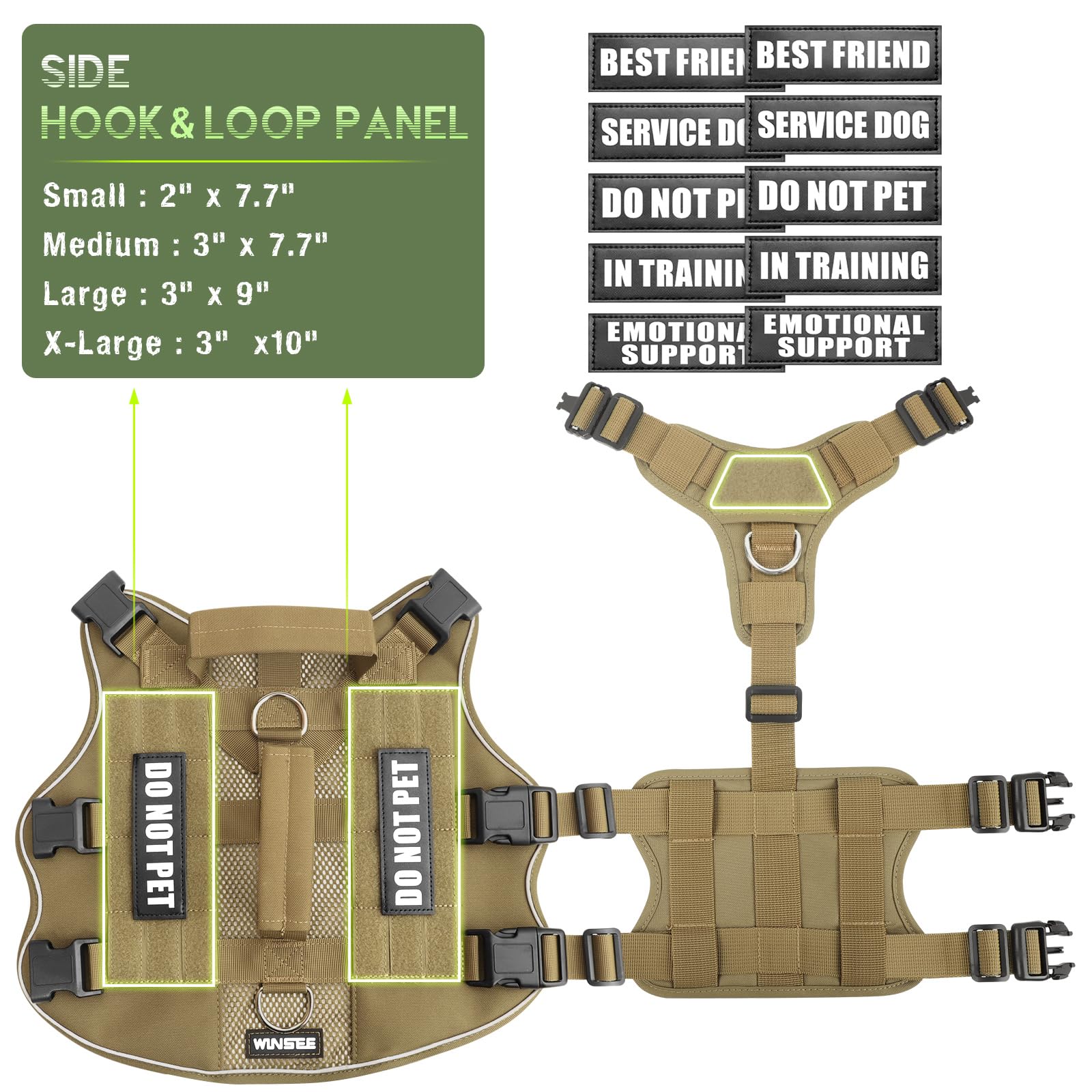 Winsee Mesh Dog Harness With 10 Pet Patches For Large Service Dog In Training, Breathable Tactical Molle Vest With Double Handle