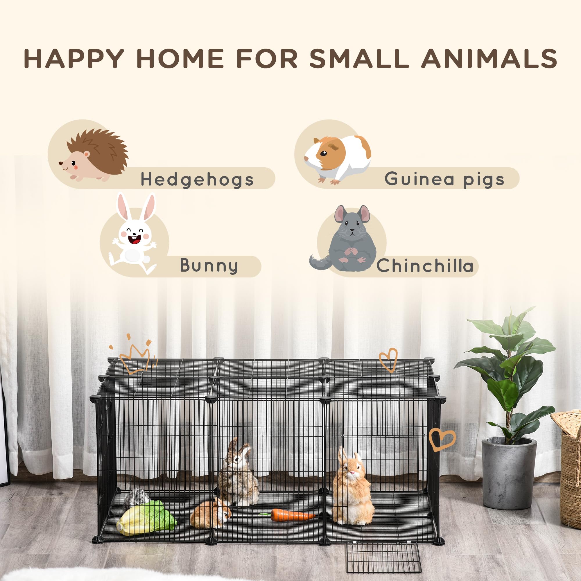 Pawhut Pet Playpen Diy Small Animal Cage Metal Fence With Door, 22 Pieces, For Bunny Chinchilla Hedgehog Guinea Pig