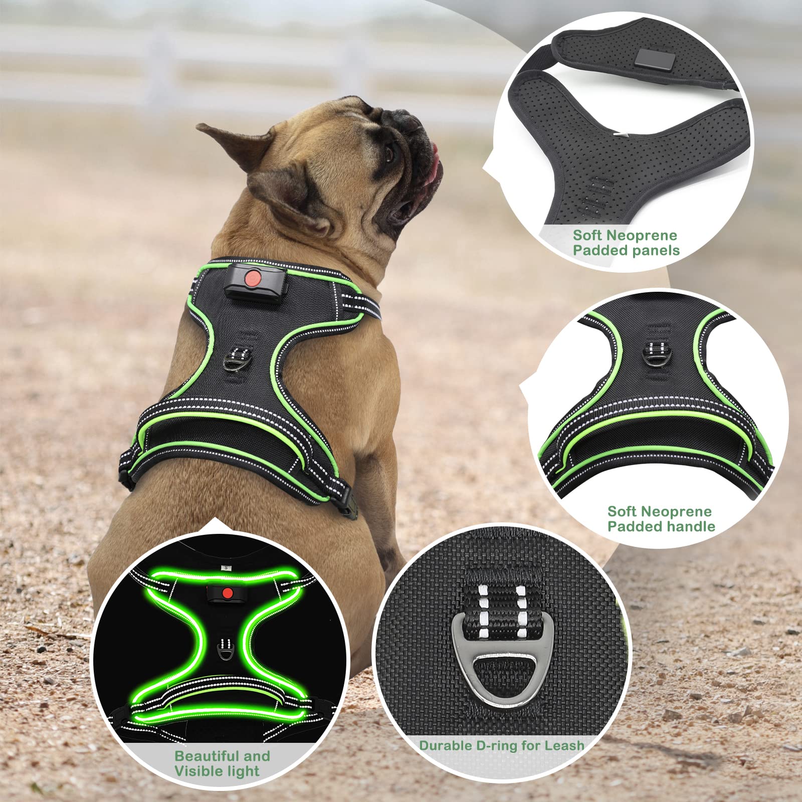 Light Up Dog Harness No Pull Led Dog Harness With Handle Vizbrite Rechargeable Lighted Dog Vest Harness For Small/Medium/Large/X-Large Size Dogs No Pull, 4 Point Adjustable Dog Harness Black-Green