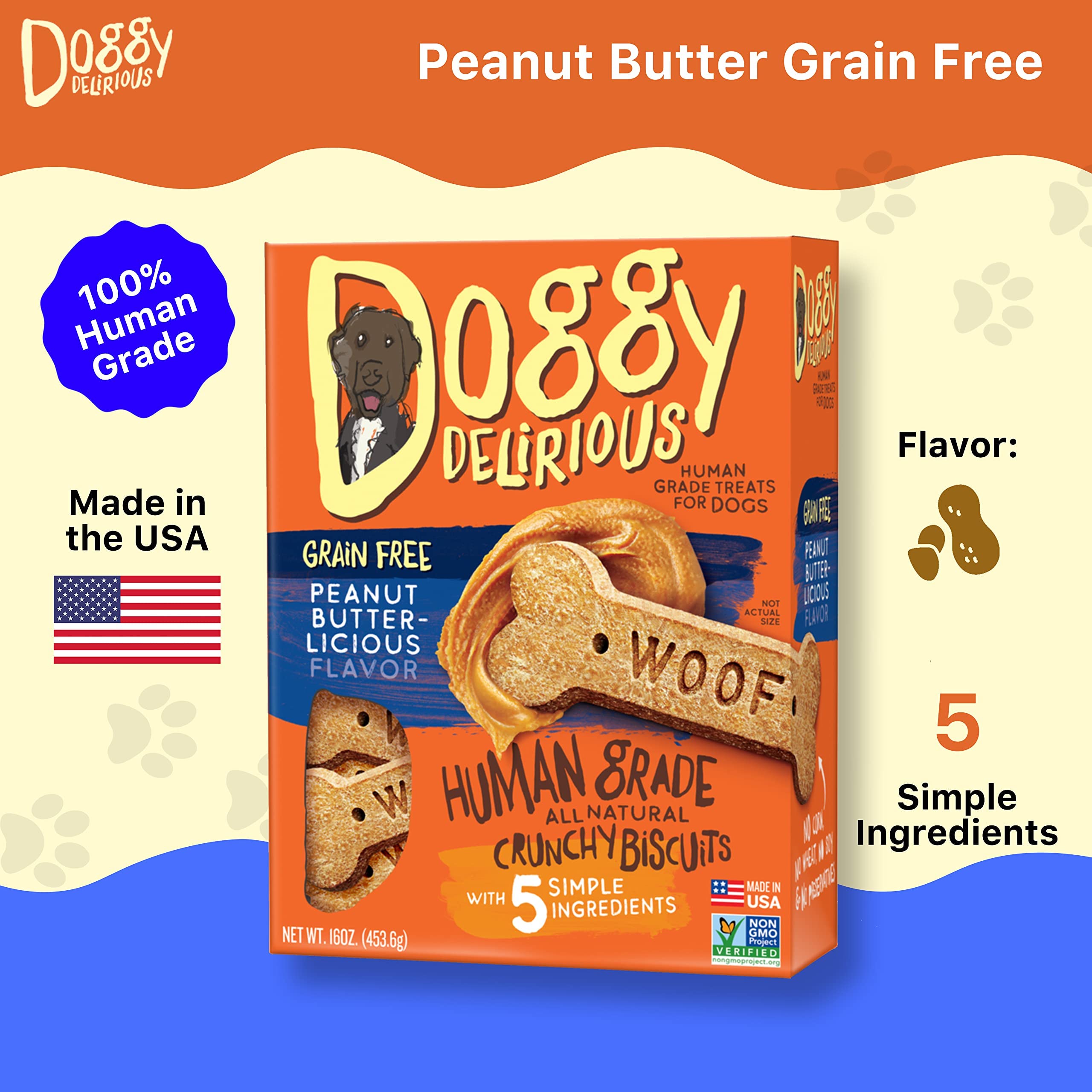 Doggy Delirious Crunchy Dog Treats – All Breeds & Sizes – Natural Puppy Snack – 100% Human-Grade – Grain-Free Peanut Butter Bones – 16 Oz, 1 lb Pack (1)