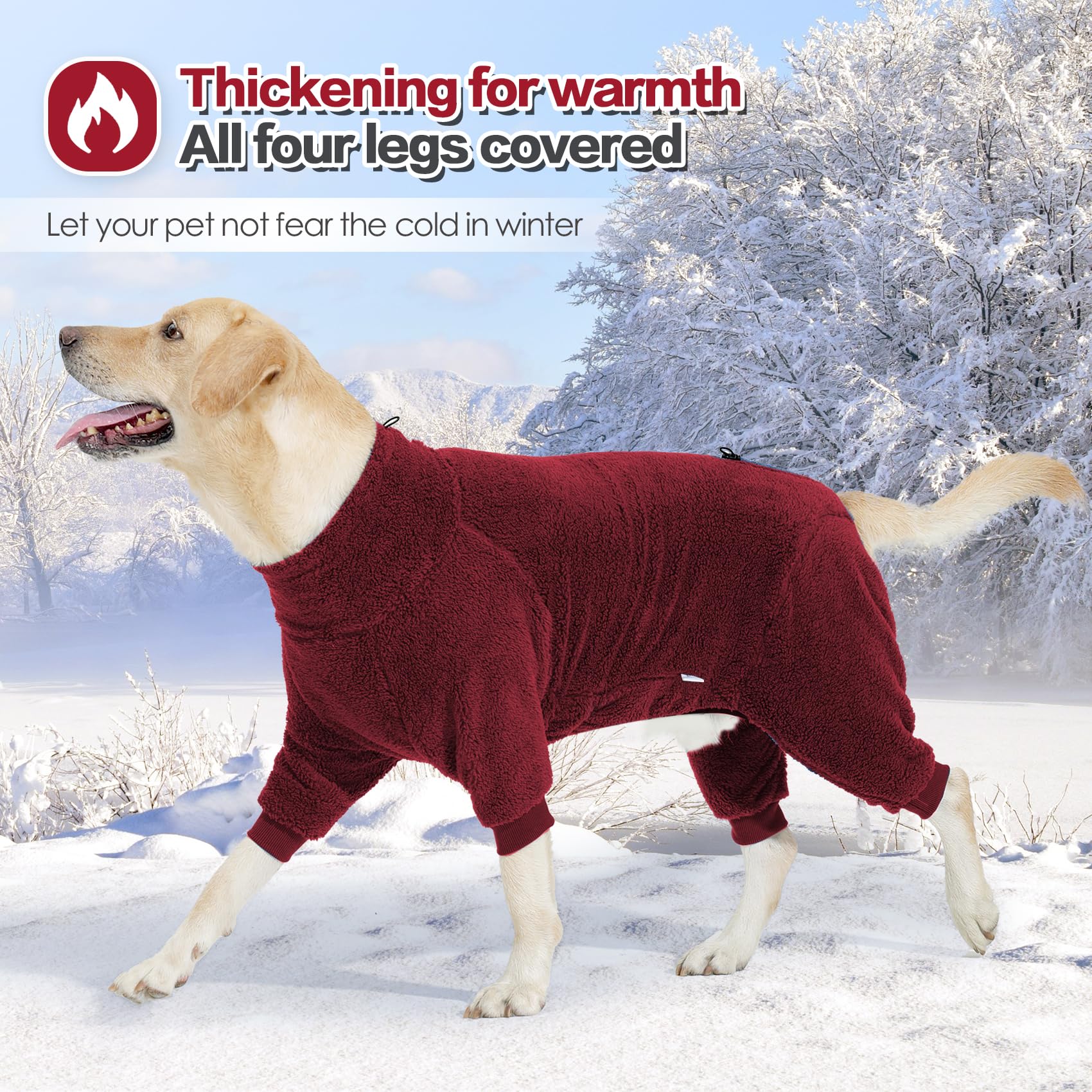 Pinellia Dog Winter Coat: Warm Fleece Pullover Jumpsuit, Windproof, Full Body Pajamas Onesie - Medium/Large (Red)