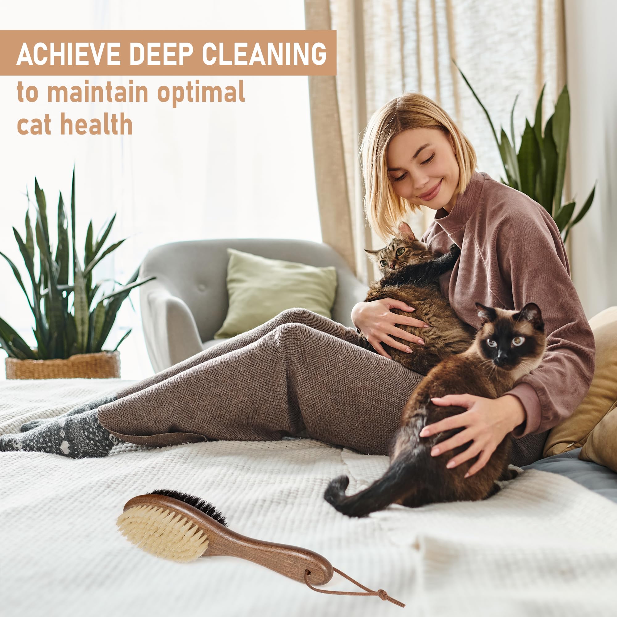 Takavu Double-Sided Boar Bristle Cat Brush - Natural Grooming Tool For Gentle Cleaning, Shine & Reduced Loose Hair - Wood Handle