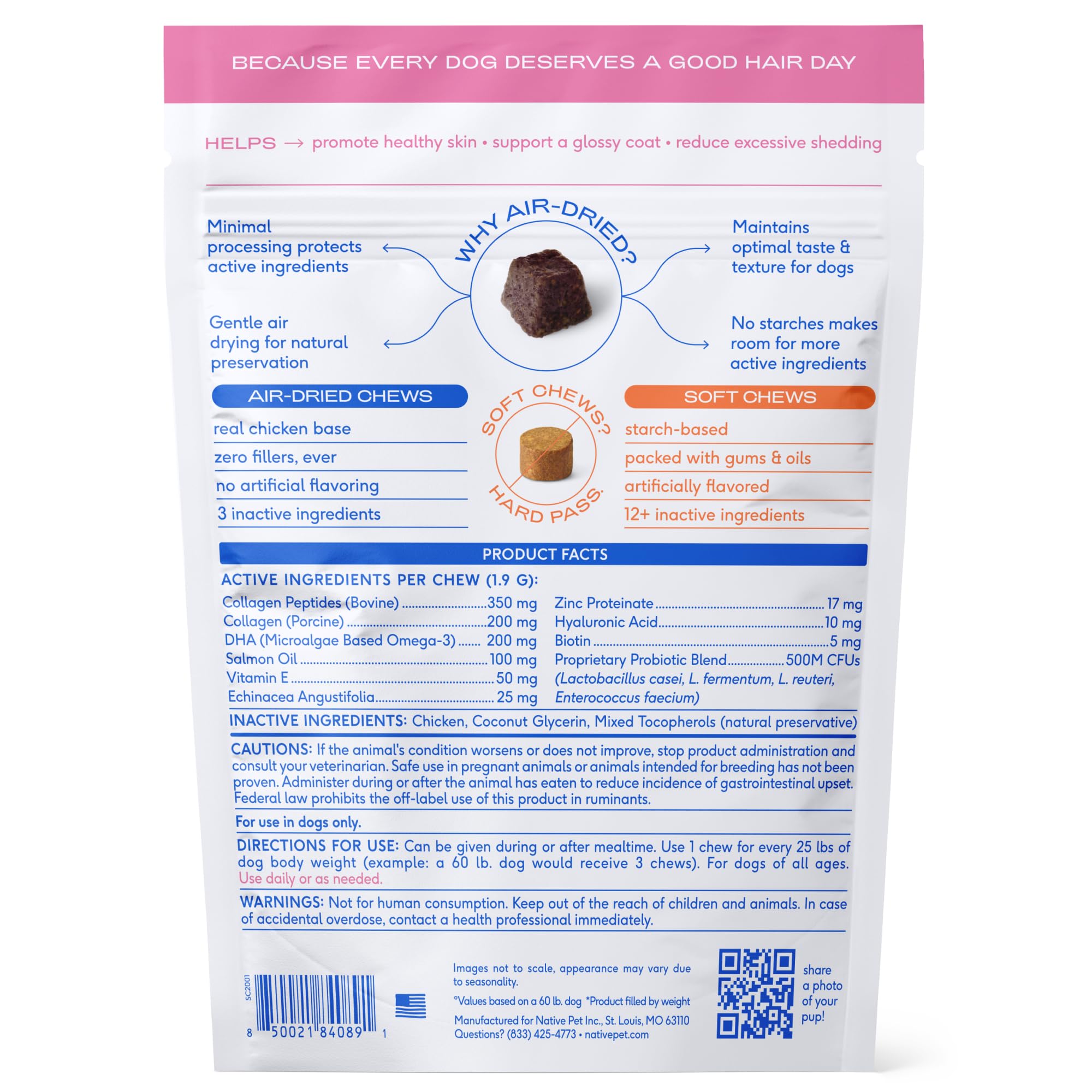 Native Pet Omega Skin and Coat Chews for Dogs - Dog Skin and Coat Supplement for Healthy, Shiny Fur, Reduce Shedding and Dry Spo