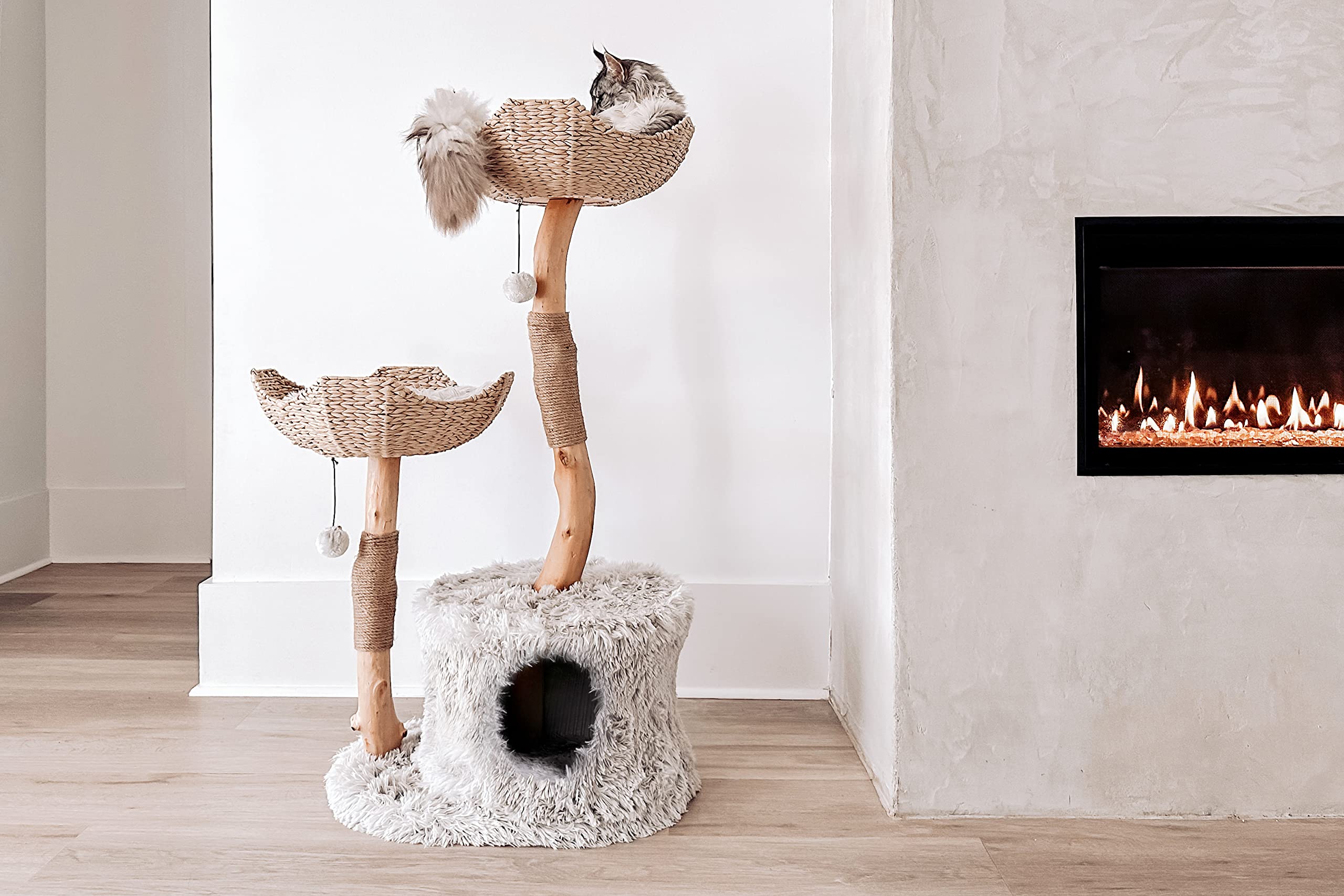 Mau Lifestyle Modern Cat Tree Tower, Real Branch Luxury Cat Condo, Wood Cat Tower, Scratching Tree, Cat Lover Gift
