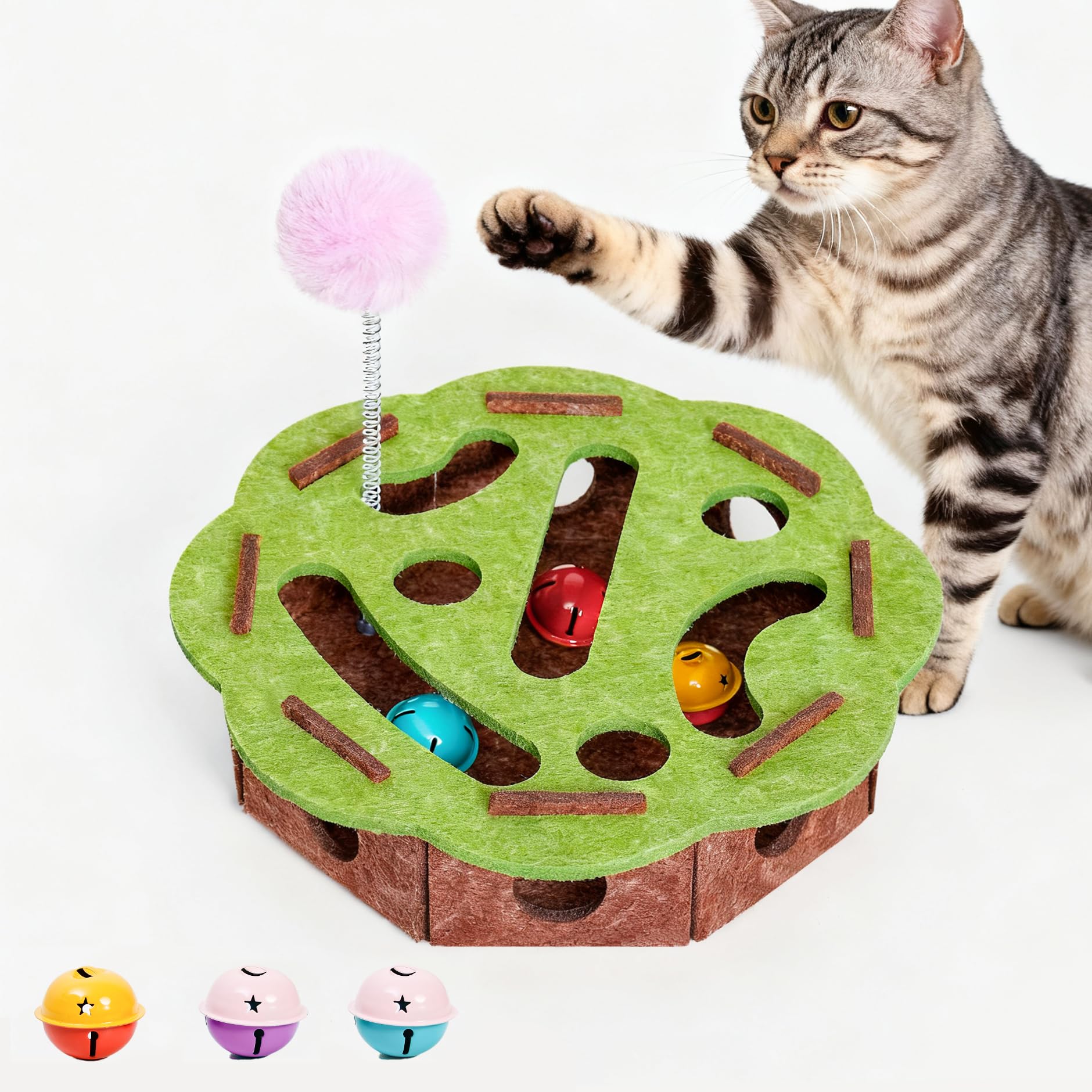 Interactive Cat Puzzle Toy for Indoor Cats, Felt Maze Box with 3 Bell Balls,Self-Play Exercise Toy for Bored Cats, Fun Hide & Se