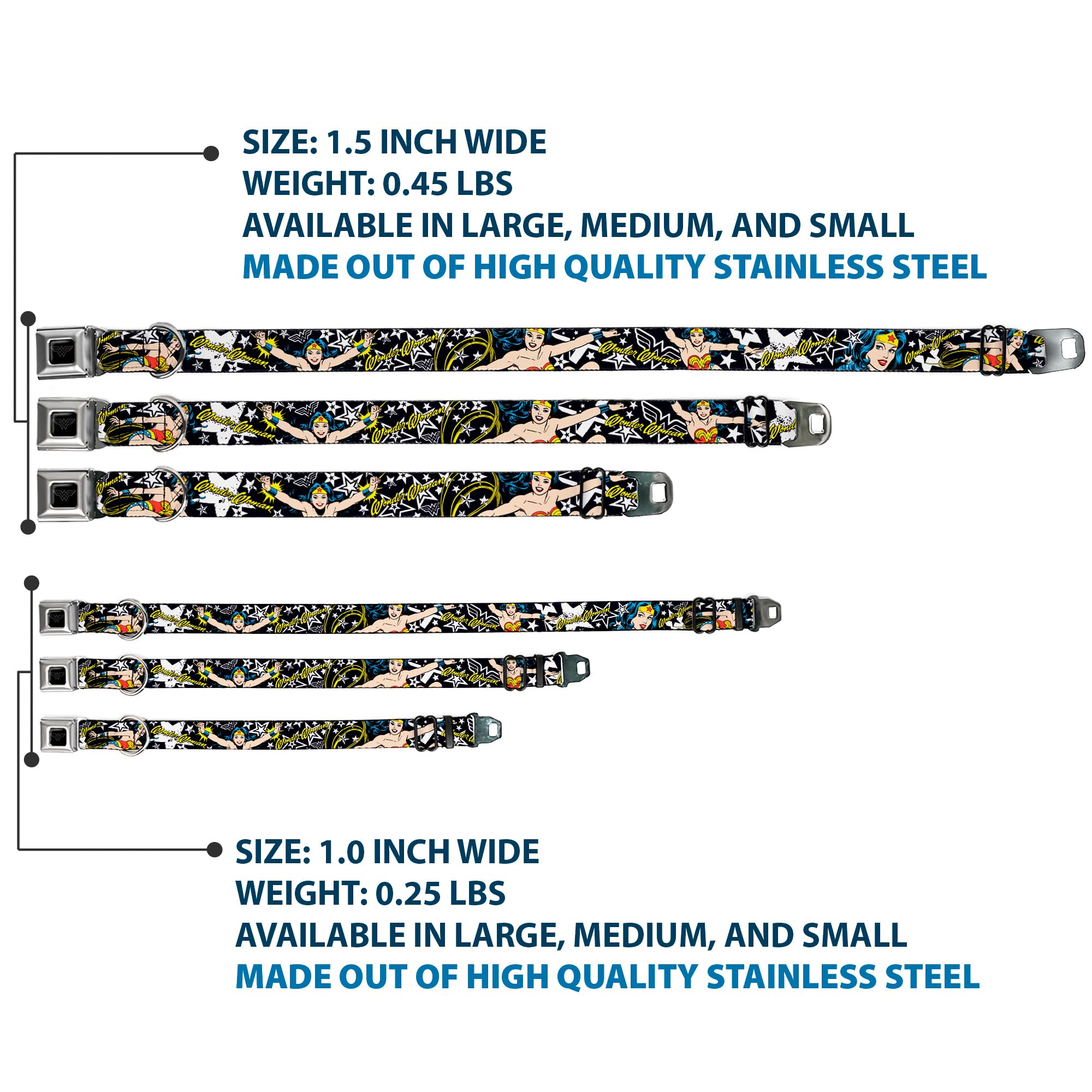 Buckle-Down Seatbelt Buckle Dog Collar - Wonder Woman/Stars Black/White - 1.5 Wide - Fits 13-18 Neck - Small
