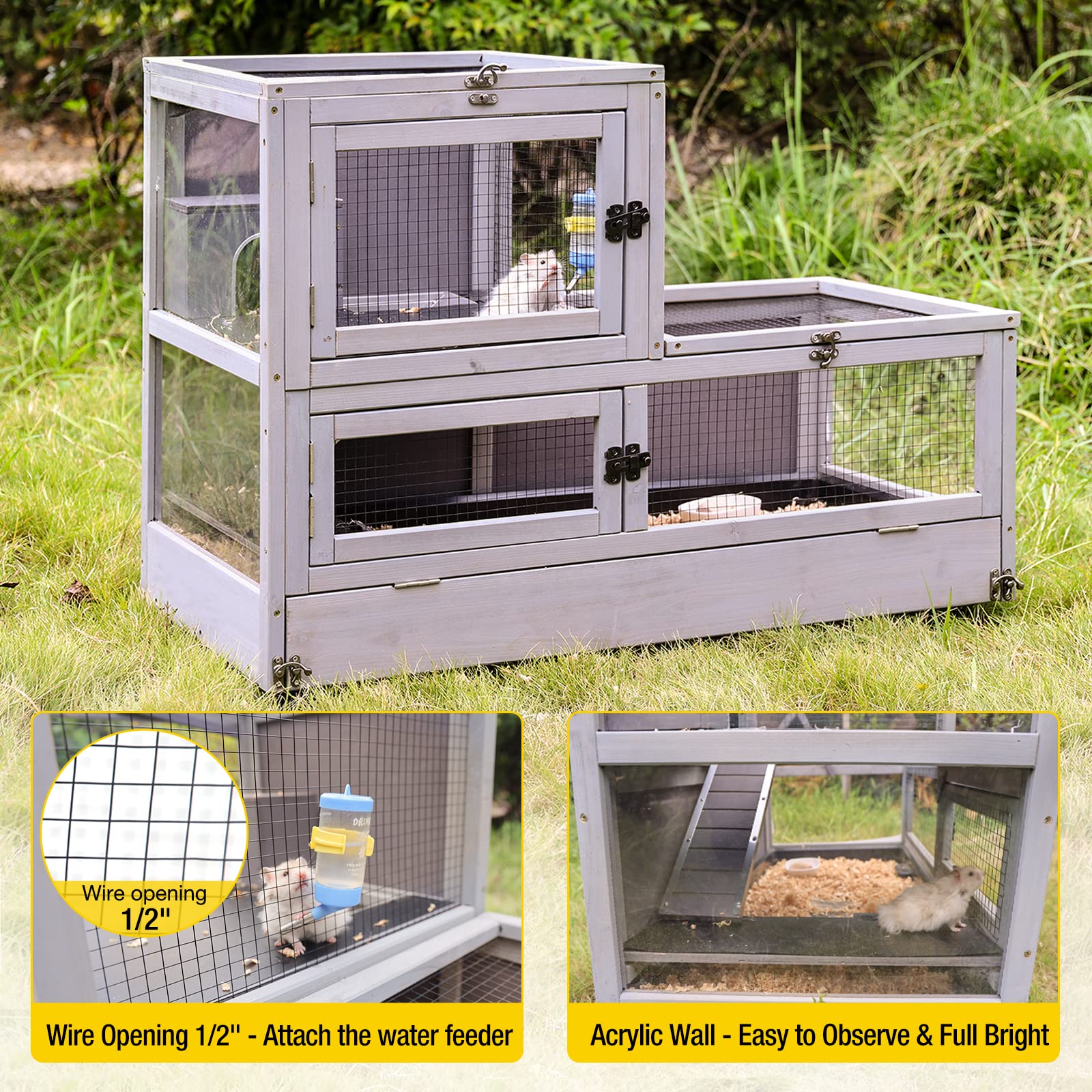 Aivituvin Guinea Pig Cage 2 Levels Wooden Rabbit Hutch With 2.36   Deeper Anti-Chewing Pull Out Tray Rat Cage With Hideout,Alumi