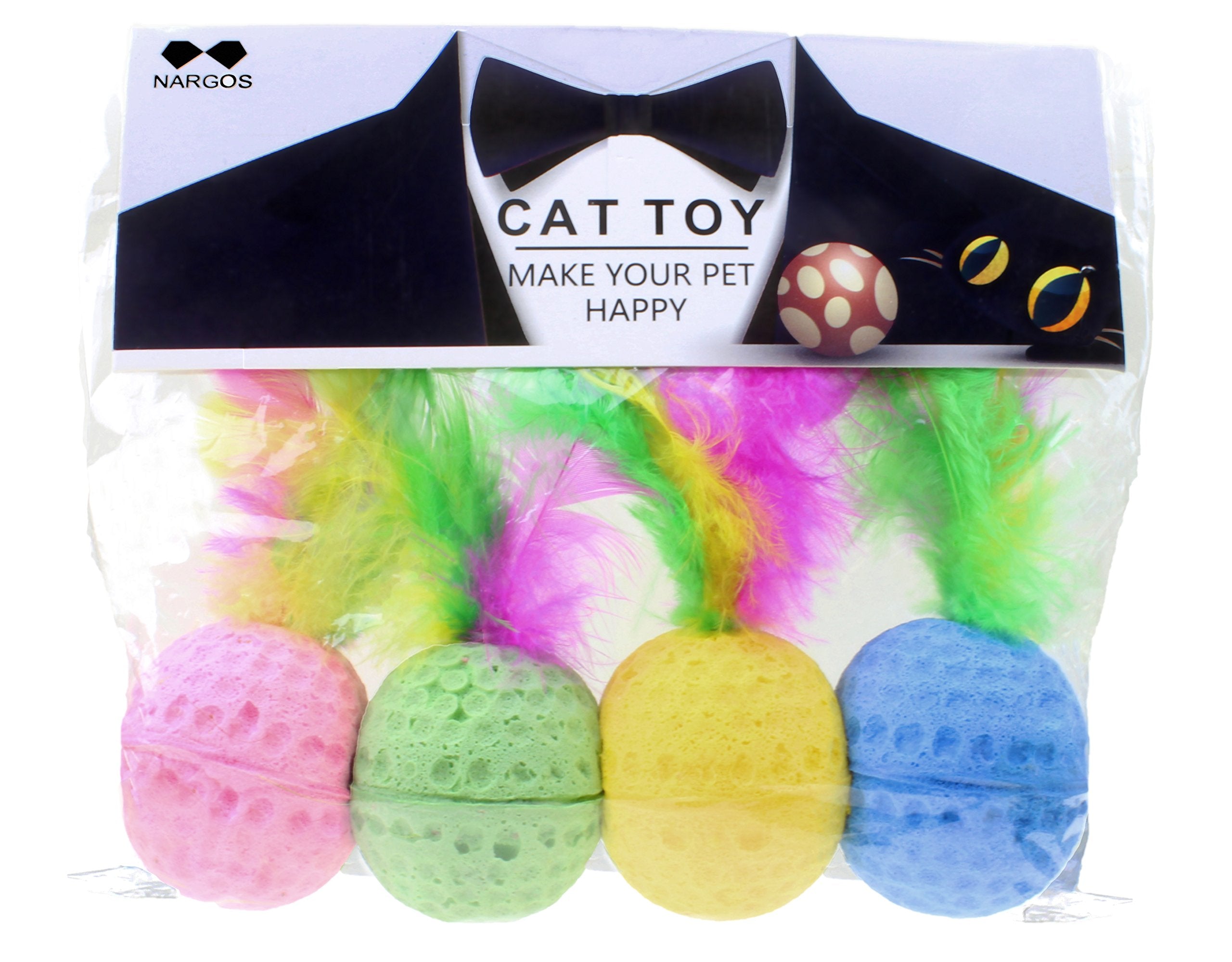 Nargos 1.5 Dia Colorful Golf Sponge Foam Balls Cats Toys With Feathers(4 Pack)