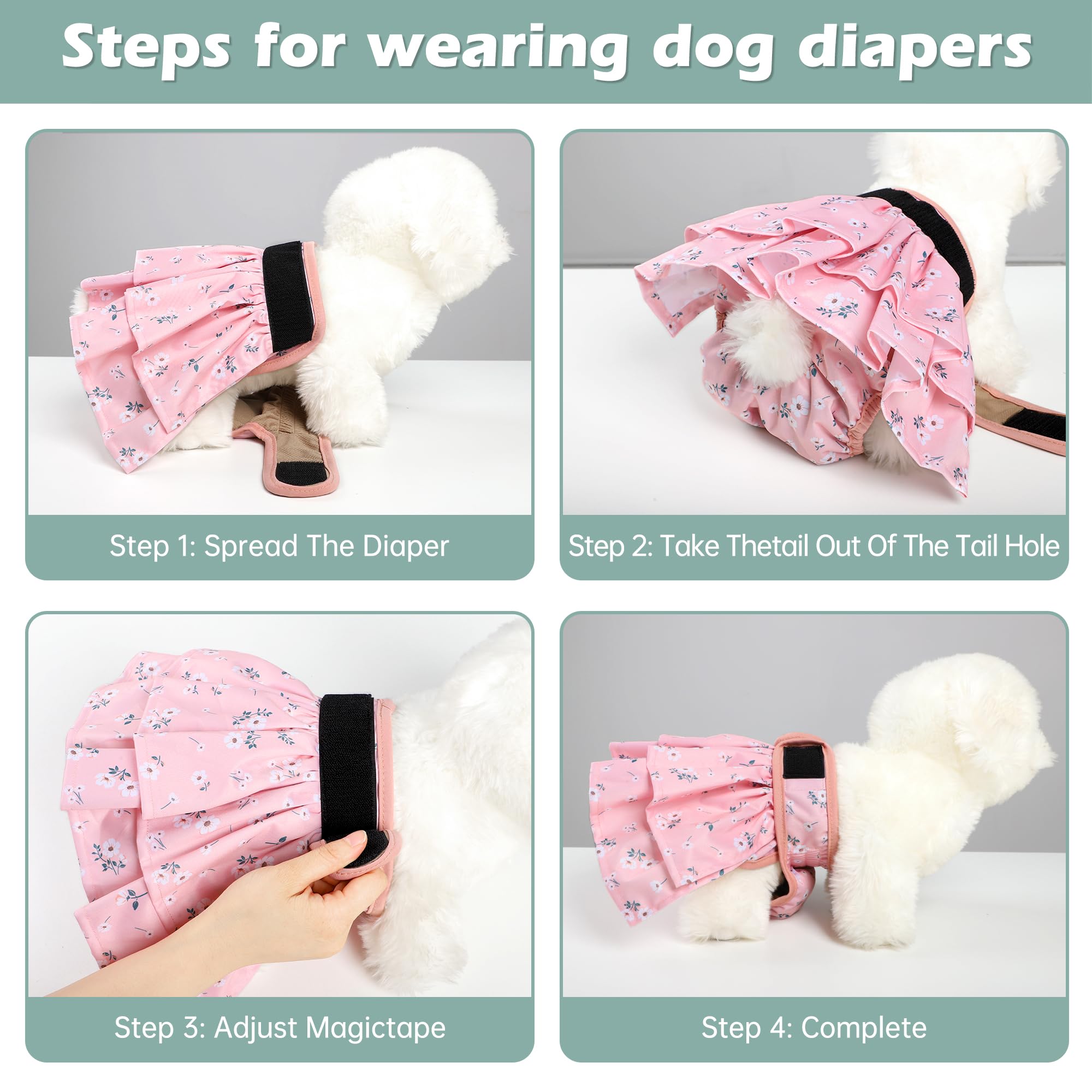 Washable Female Dog Diapers Skirt(4 Pack) - Reusable Doggie Diapers With Adjustable Snaps, High Absorbency Leak-Proof Puppy Diap