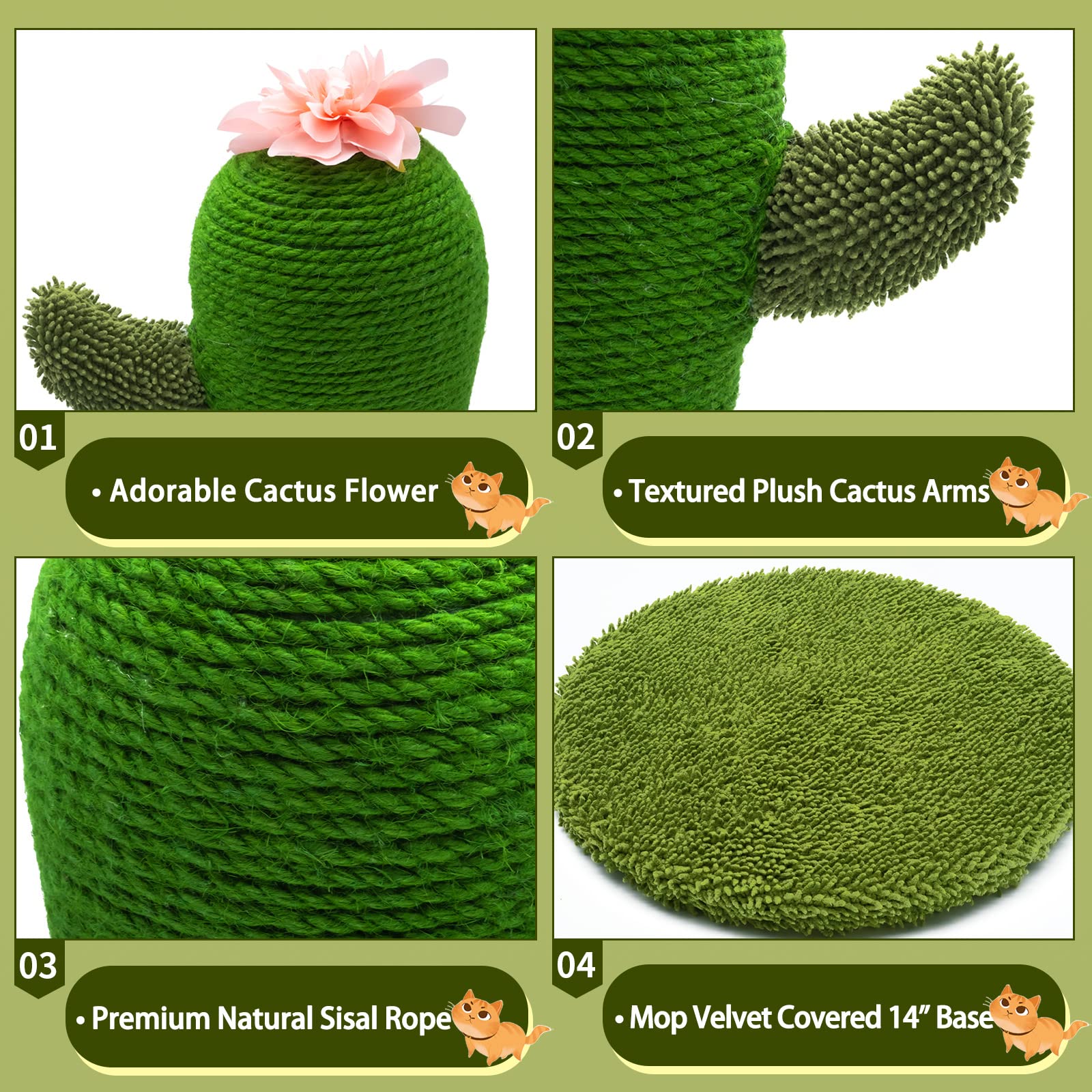 Auscat Cat Scratching Post, Cute Cactus Scratching Post, Nature Sisal Cat Scratcher For Indoor Cats And Kittens