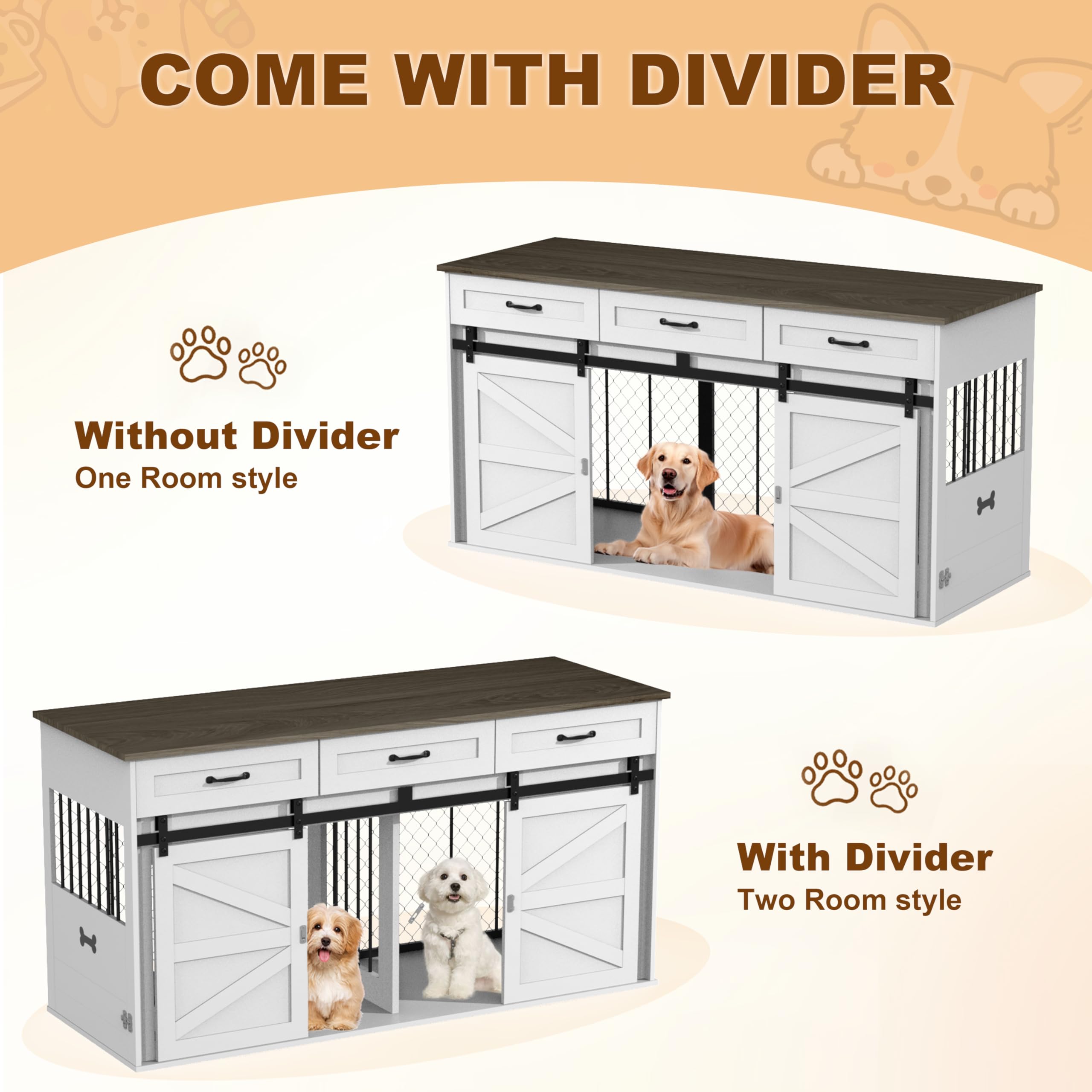 RQZ 65 Double Dog Crate Furniture for 2 Dogs Heavy Duty Wood Dog Cage Table with 3 Storage Drawers and 4 Stainless Steel Bowls D