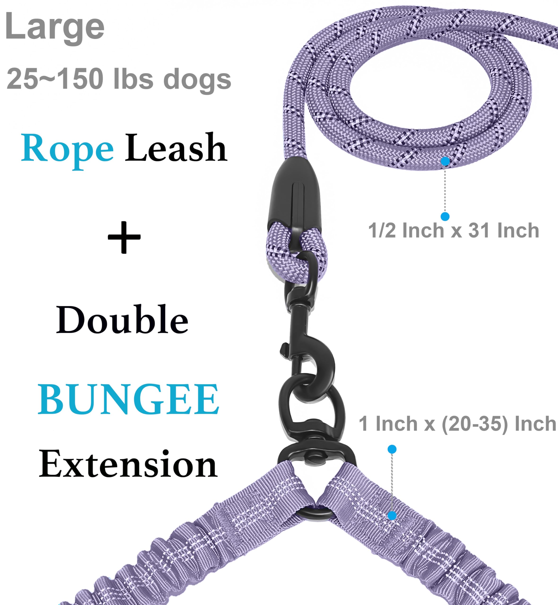 Iyoshop Dual Dog Leash, Double Dog Leash, 360 Swivel No Tangle Walking Leash, Shock Absorbing Bungee For Two Dogs, Large (25-150 Lbs), Lavender