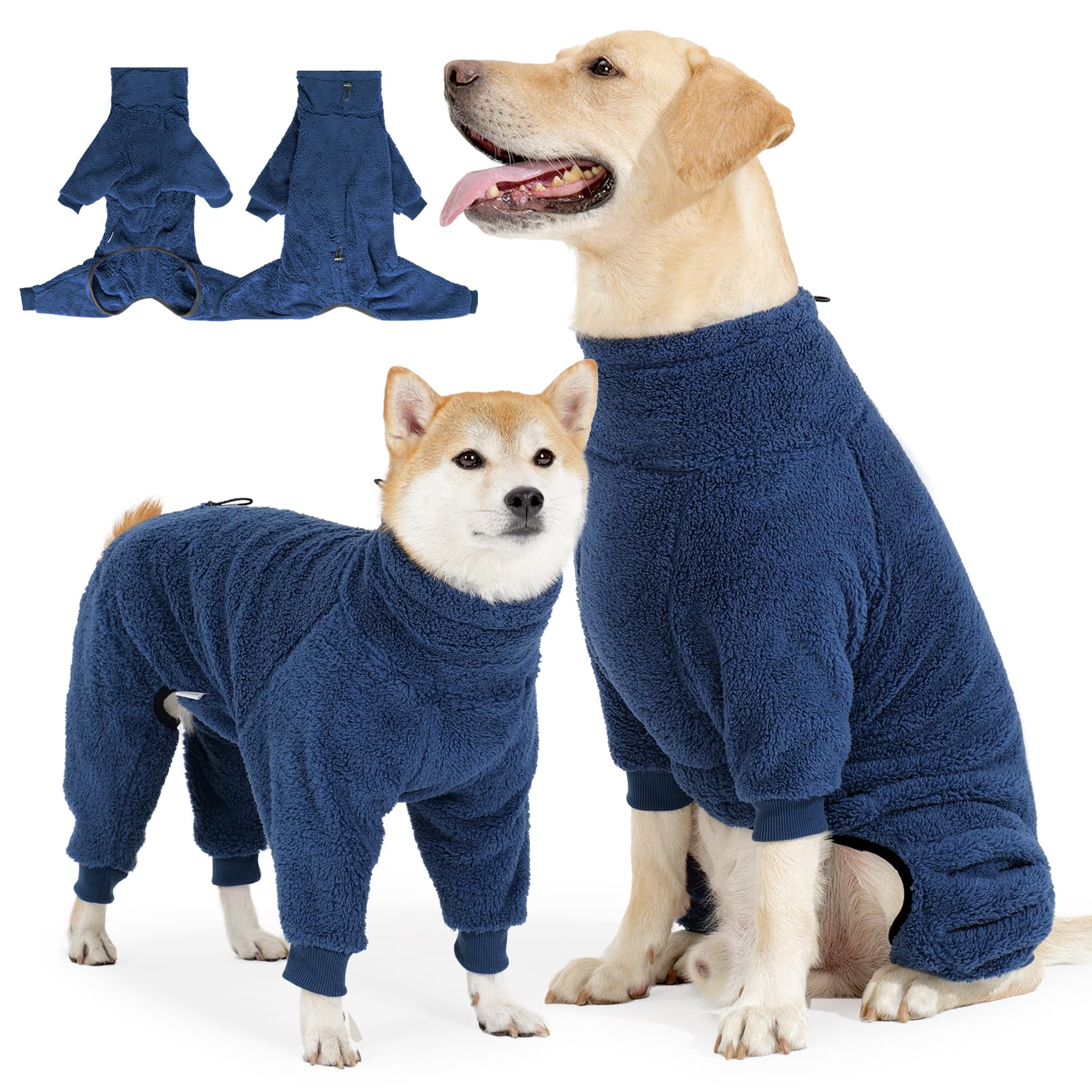 Pinellia Winter Coat, Warm Fleece Dog Jacket & Windproof Pajamas - Full Body Jumpsuit For Medium & Large Dogs (Medium, Navyblue)