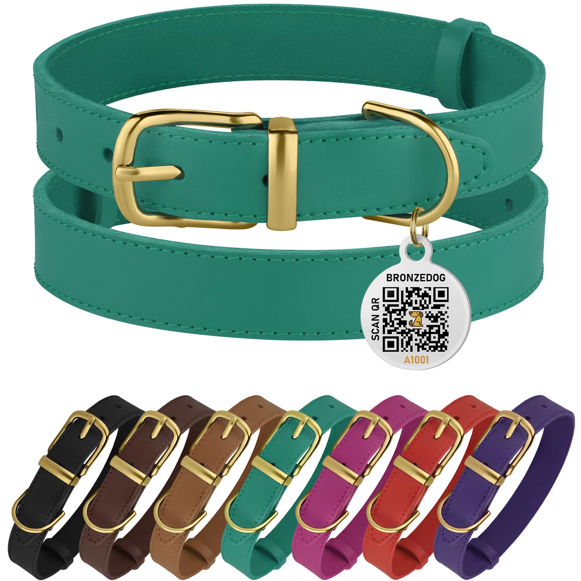 Bronzedog Leather Dog Collar With Metal Buckle Durable Basic Pet Collars For Small Medium Large Dogs (14-17 Inch (Pack Of 1), Green & Gold Buckle)