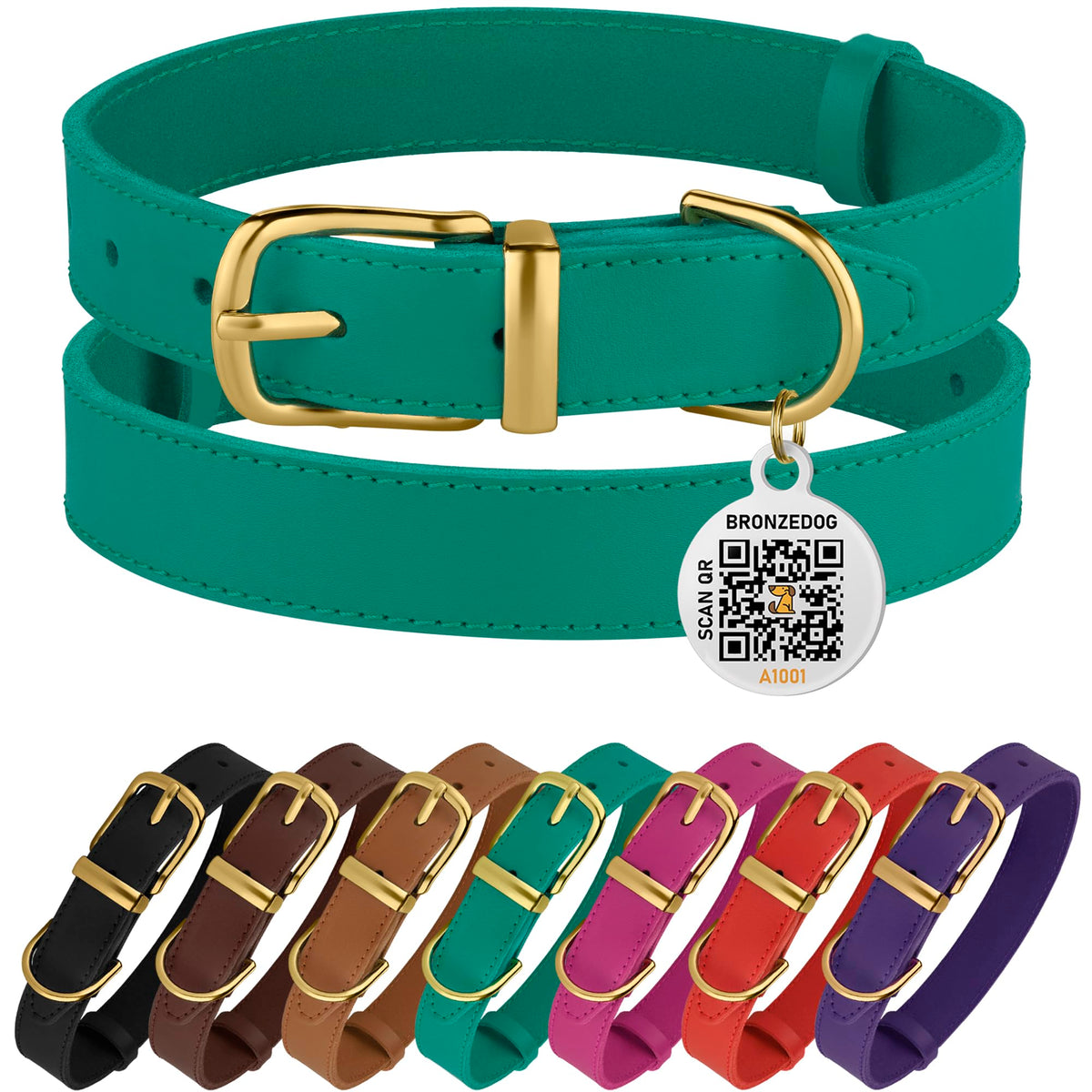 Bronzedog Leather Dog Collar With Metal Buckle Durable Basic Pet Collars For Small Medium Large Dogs (14-17 Inch (Pack Of 1), Green & Gold Buckle)