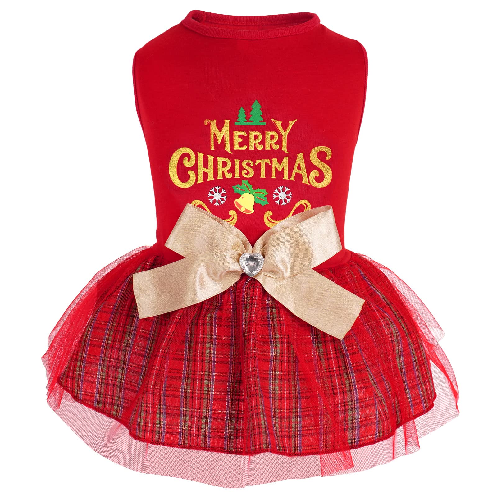 Cyeollo Christmas Dog Dress Holiday Theme Plaid Dog Dresses For Small Dogs Doggie Bowtie Girl Dog Clothes Cat Apparel