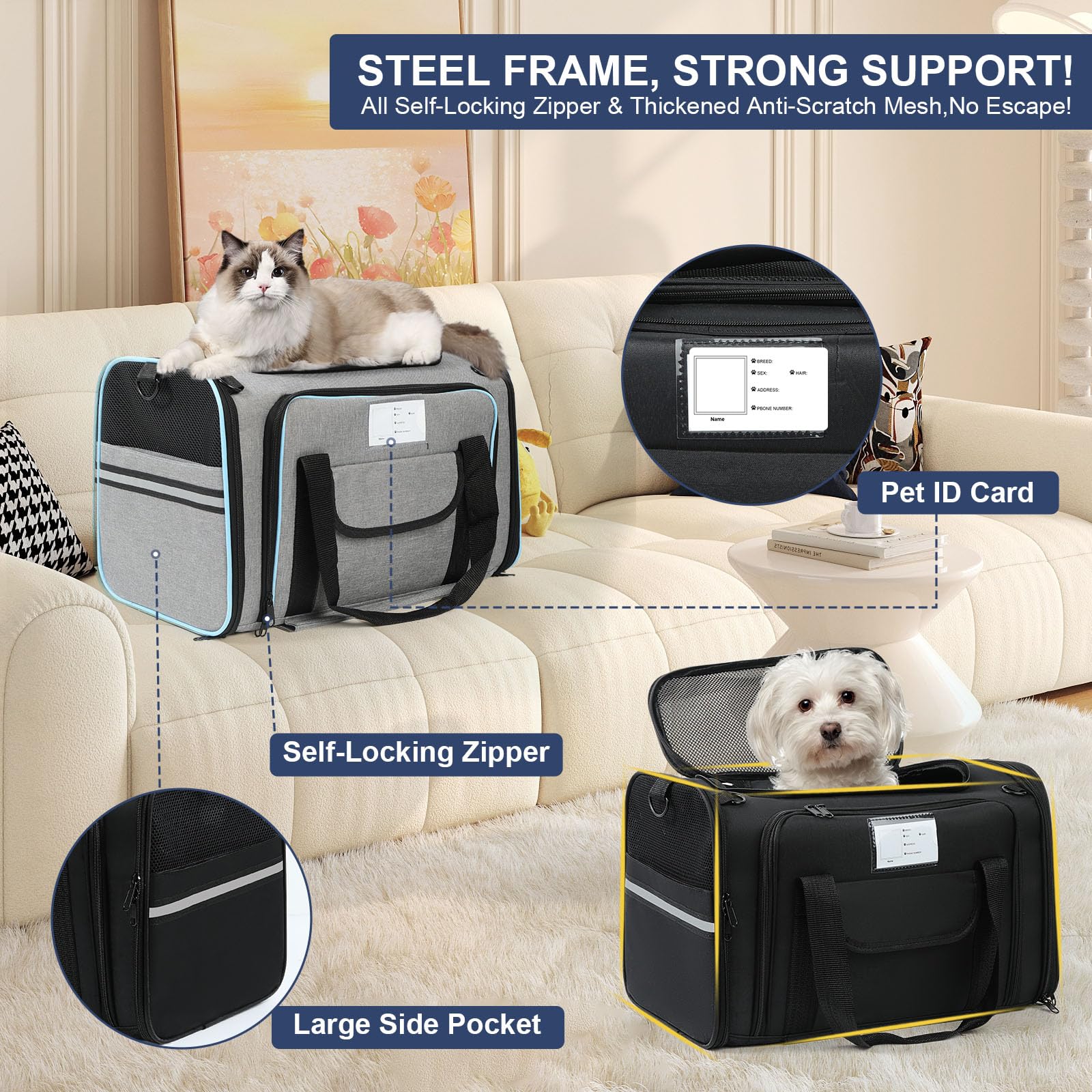 Pet Dog Cat Carrier Soft, Airline Approved Dog Carriers for Small Dogs, Washable Pet Carrier, Large Cat Travel Carriers, Portabl