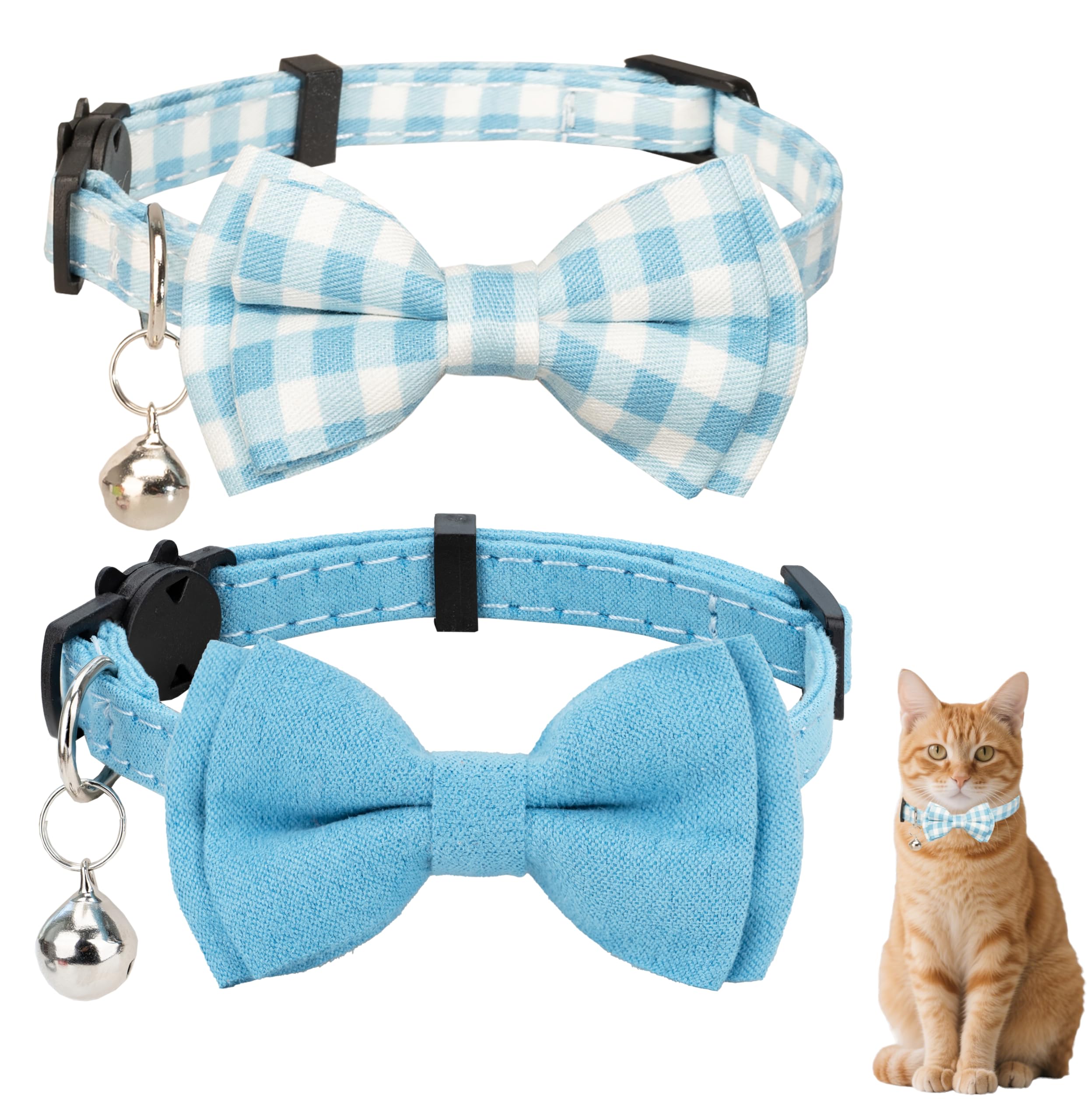 Gyapet Cat Collar Breakaway With Bell Boy Girl Kitten Bow Tie Safety Plaid Solid Color Set Cute Soft Summer [2Pcs] Blue