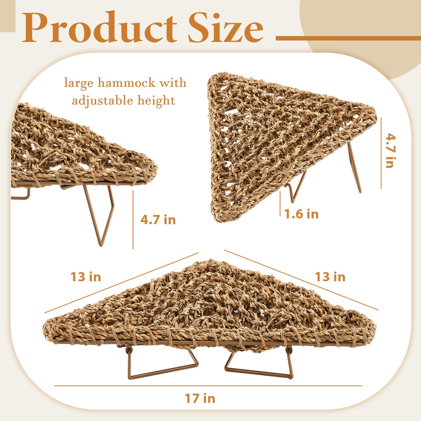 Triangle Bearded Dragon Hammock 16. 5 X 13 X 13 Inches Reptile Lounger With Metal Bracket Natural Seagrass Tank Accessories Larg