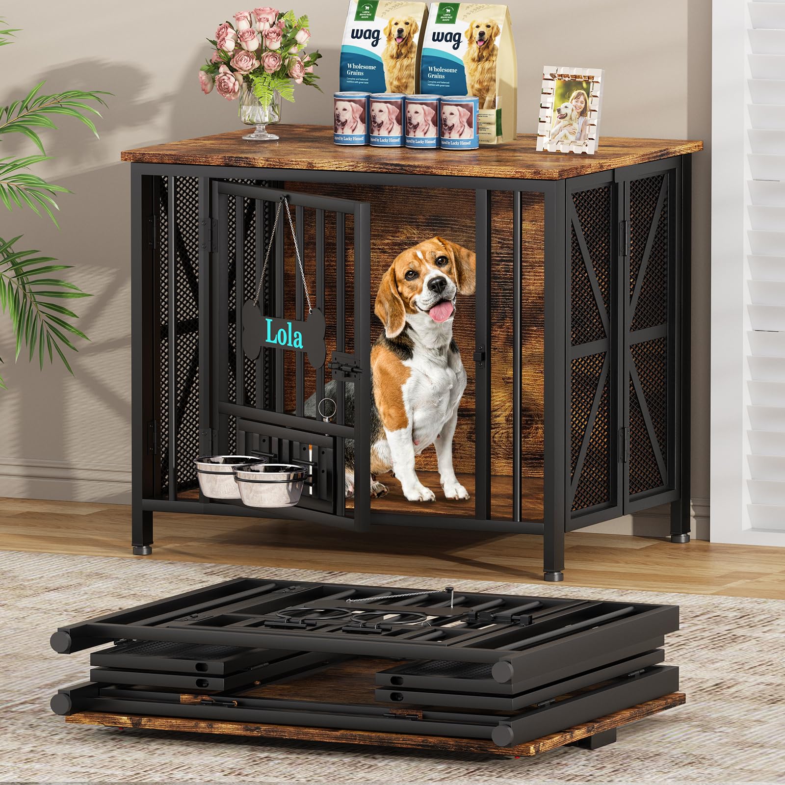 Easycom Dog Crate Furniture, 31.5 Assembly-Free Dog Crates for Small & Medium Dogs, Foldable Dog Kennel Indoor with Tag & Adjust