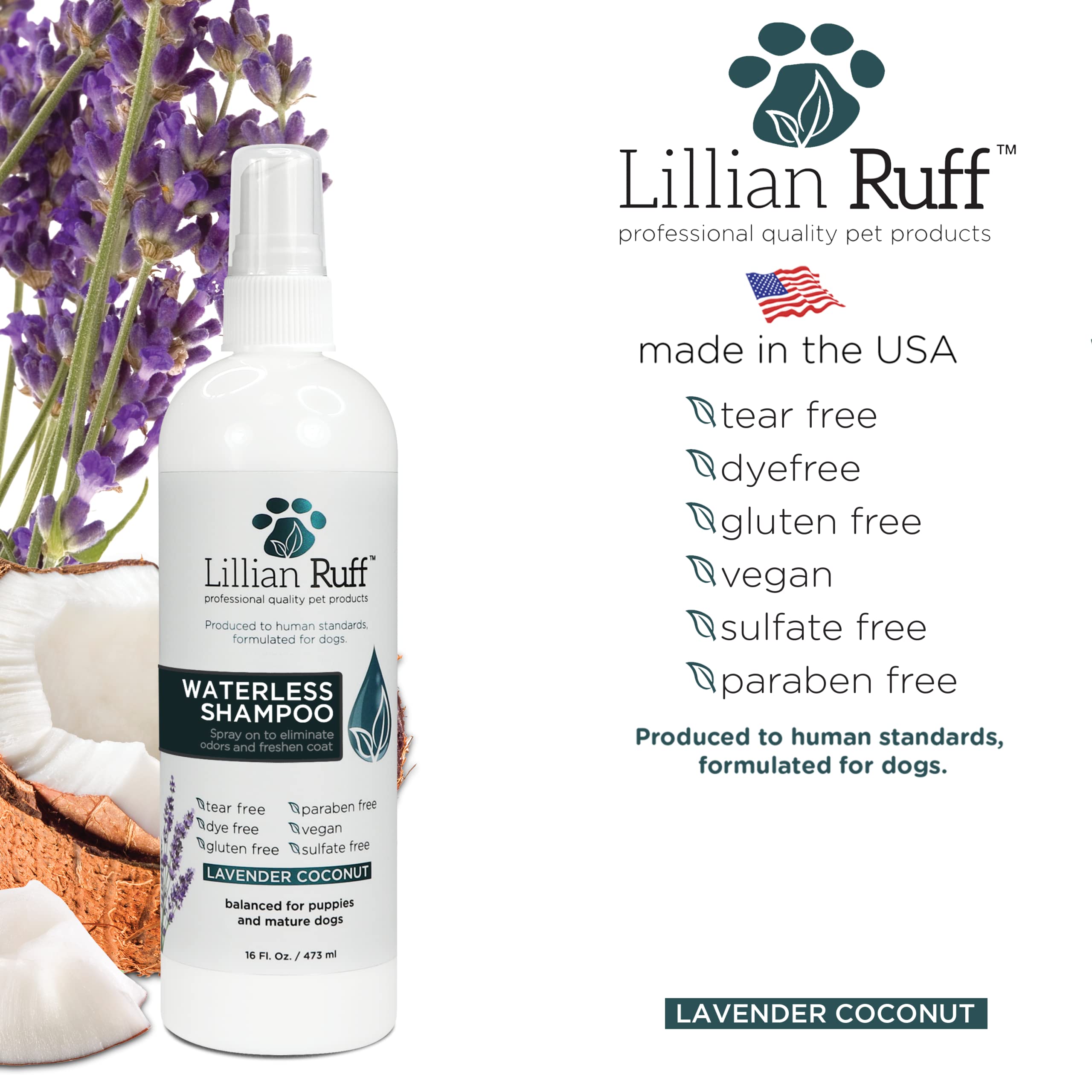 Lillian Ruff Waterless No-Rinse Dog Dry Shampoo Spray With Hydrating Essential Oils - Ph-Balanced Dry Shampoo For Dogs - Clean, Condition, Detangle & Deodorize Dry, Sensitive Skin (Lavender Coconut)