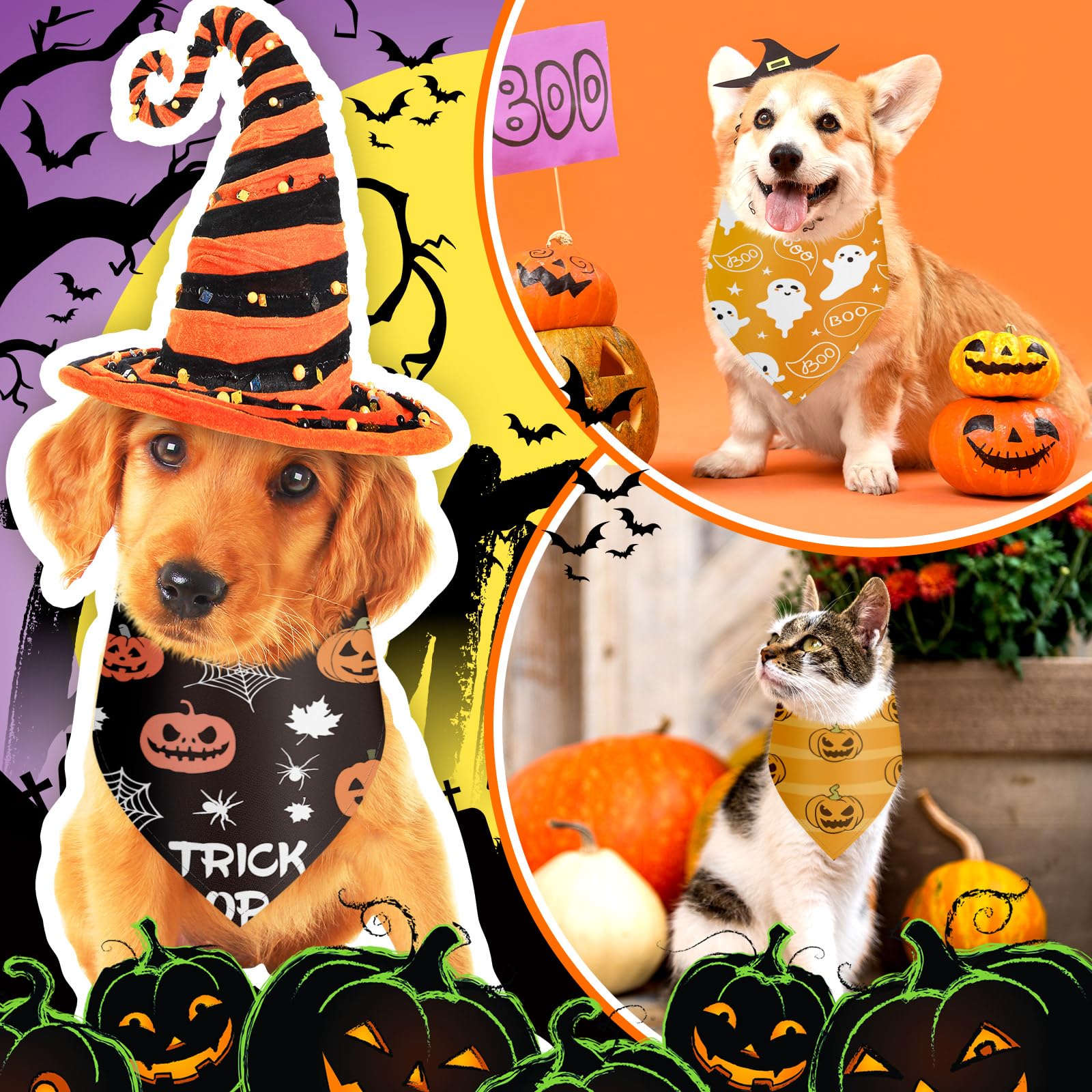 Chunful 30 Pcs Halloween Dog Bandanas Bulk Triangle Bandanas for Dogs Grooming with Pumpkin Ghost Patterns Soft Bibs Adjustable