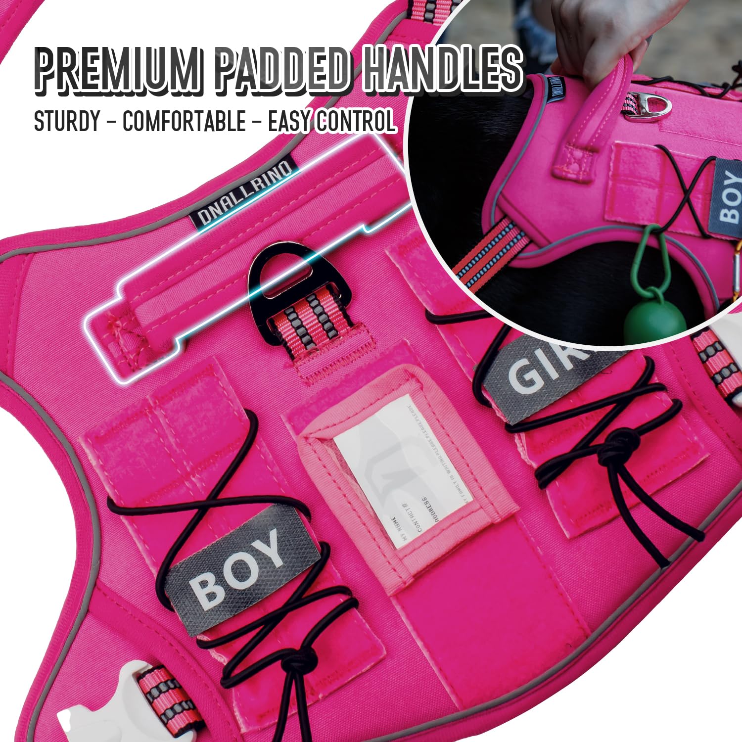 Dnallrino Tactical Dog Harness For Medium Large Dogs, Pink Dog Harness With Id Card, Reflective Hiking Harness For Training Easy