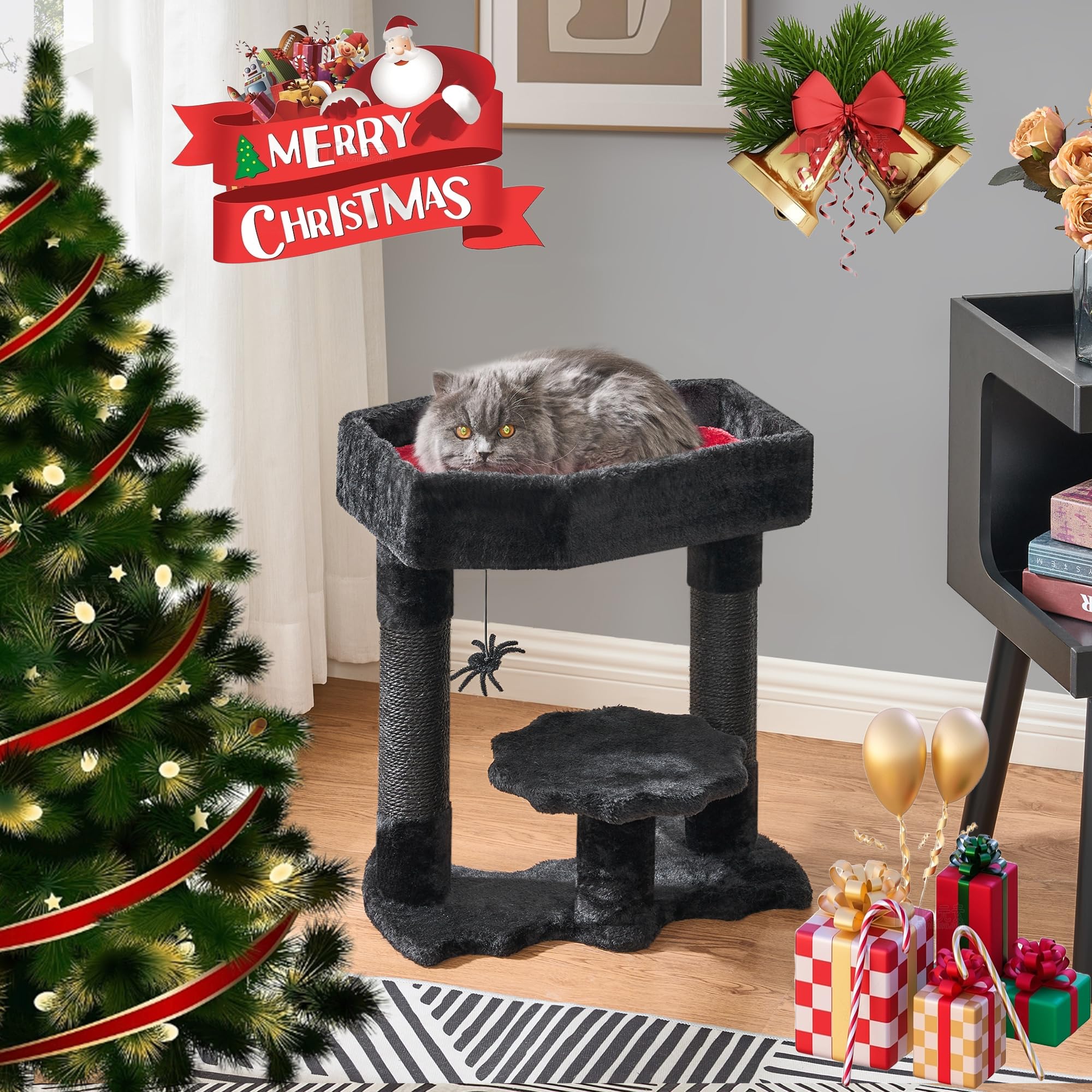 Bewishome Gothic Cat Tree With Coffin Bed, Goth Cat Tower For Indoor Cats With Sisal Scratching Posts, Spider Toy, Spooky Coffin