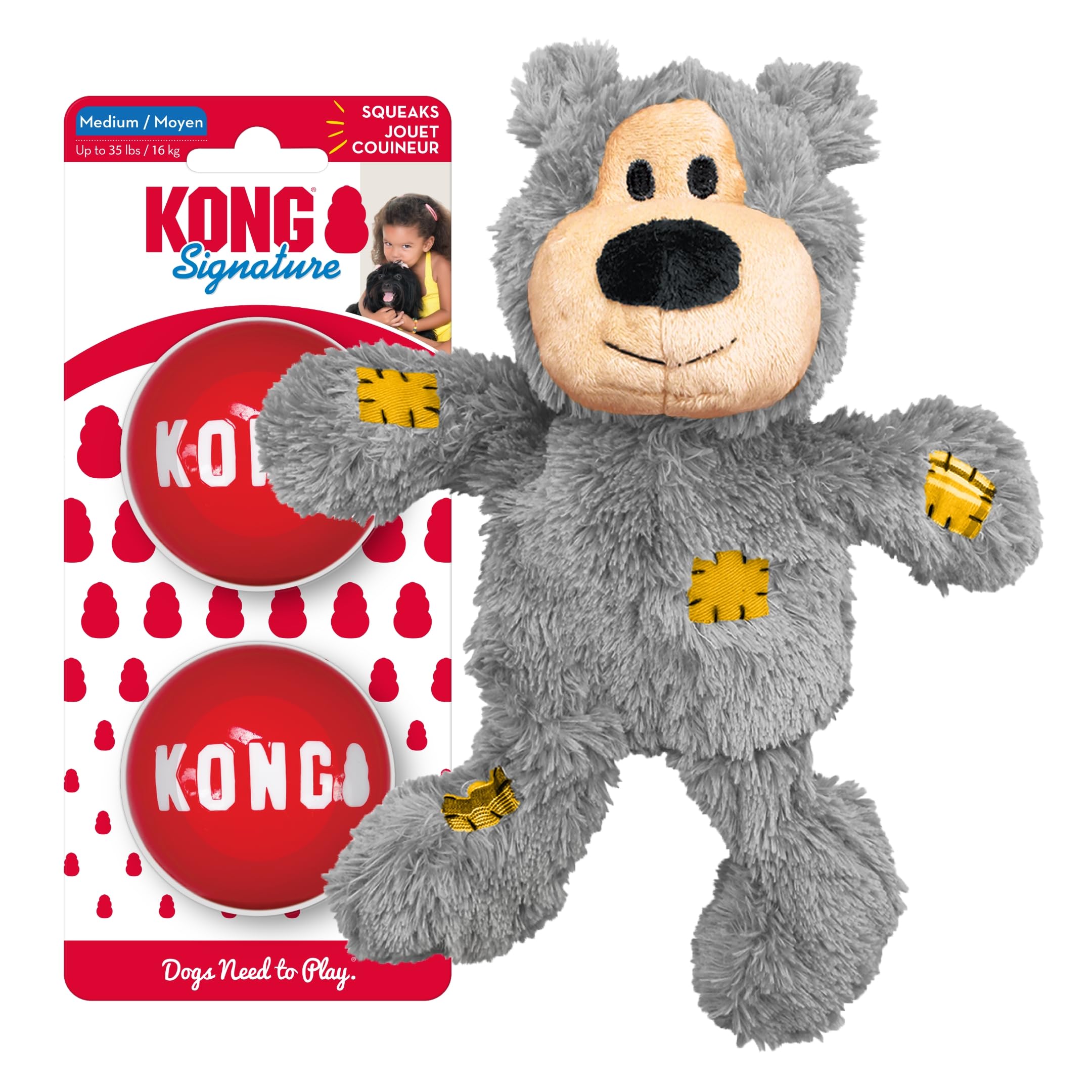 Kong Wild Knots Bear & Signature Balls (2 Pack) - Soft Bear Chew Toy With Rope Interior - Durable Dog Balls For Fetch - For Medi