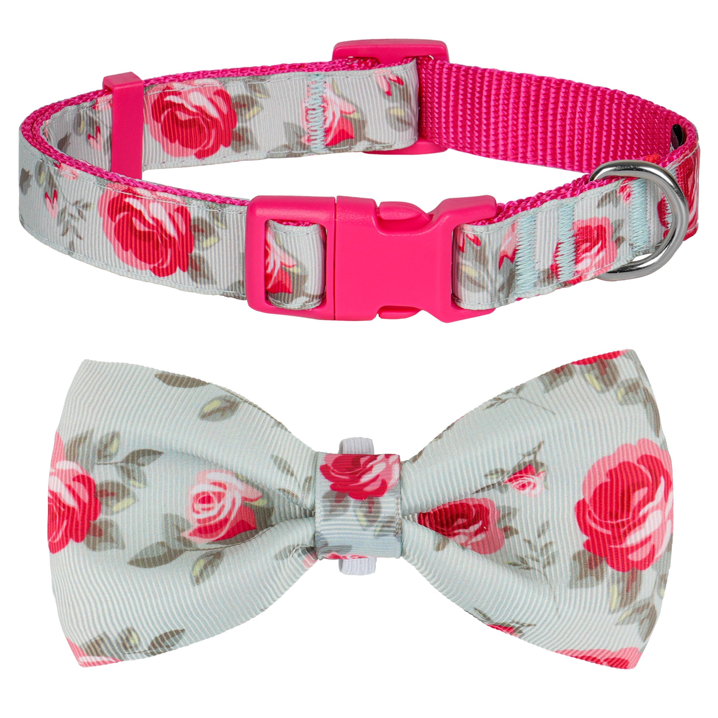 Azuza Dog Collar With Bow Tie, Soft And Comfortable Adjustable Bowtie Dog Collar For Medium Dogs (M, Camellia Flower)