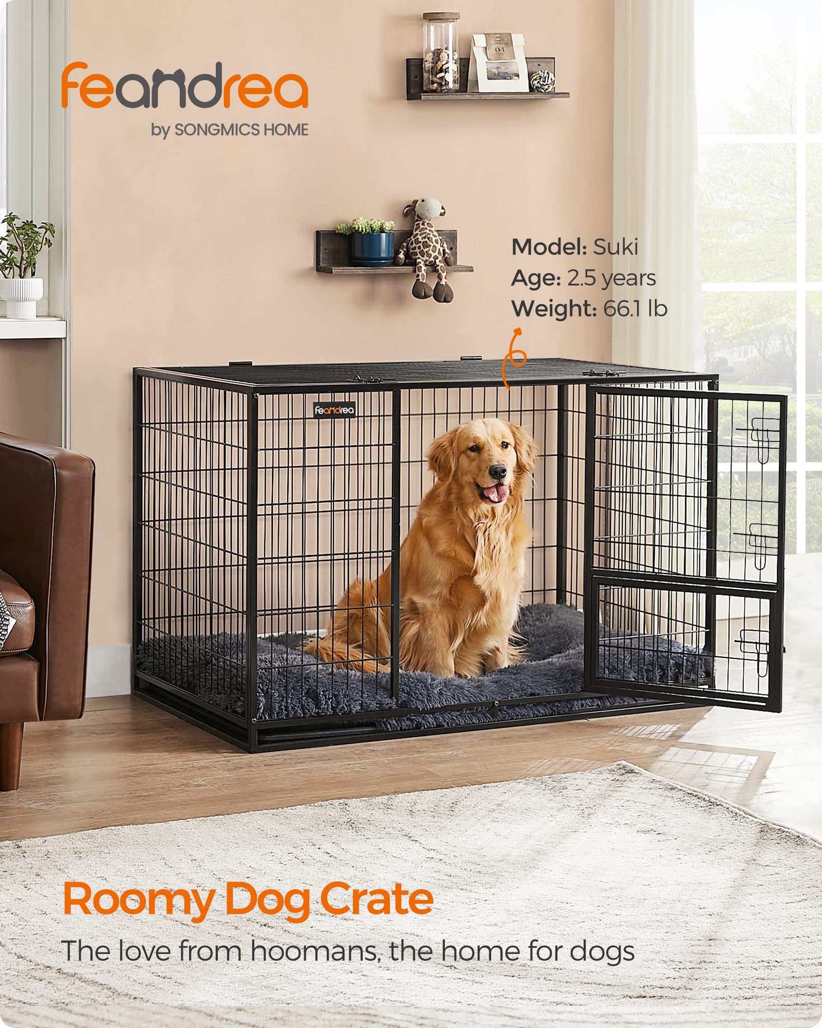 Feandrea Heavy-Duty Dog Crate, Metal Dog Kennel and Cage with Removable Tray, XL for Medium and Large Dogs, 42.1 x 27.6 x 29.5 I