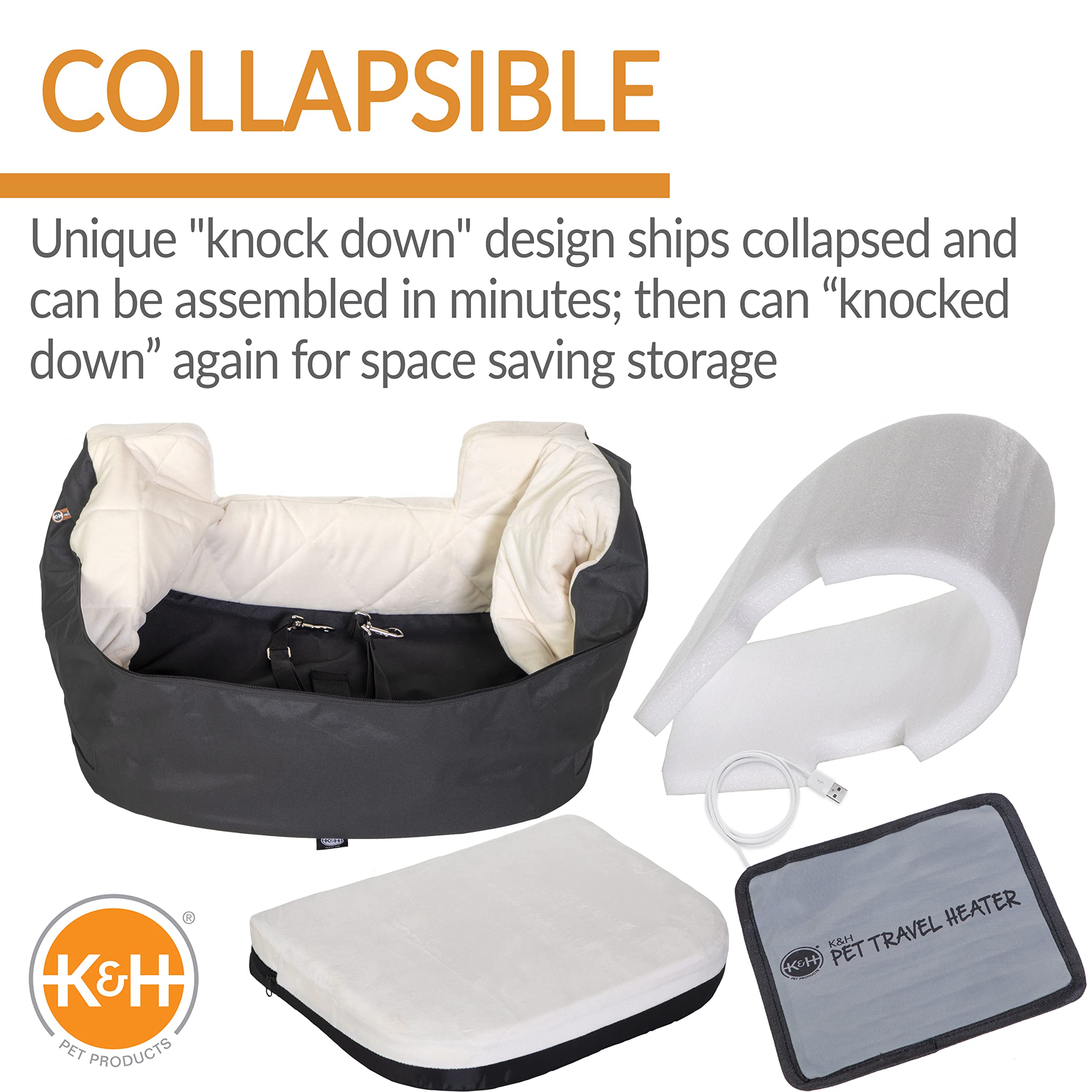 K&H Pet Products Bucket Booster Dog Seat With Safety Leashes, Washable, Sturdy For Small, Medium Dogs - Heated Charcoal/Cream