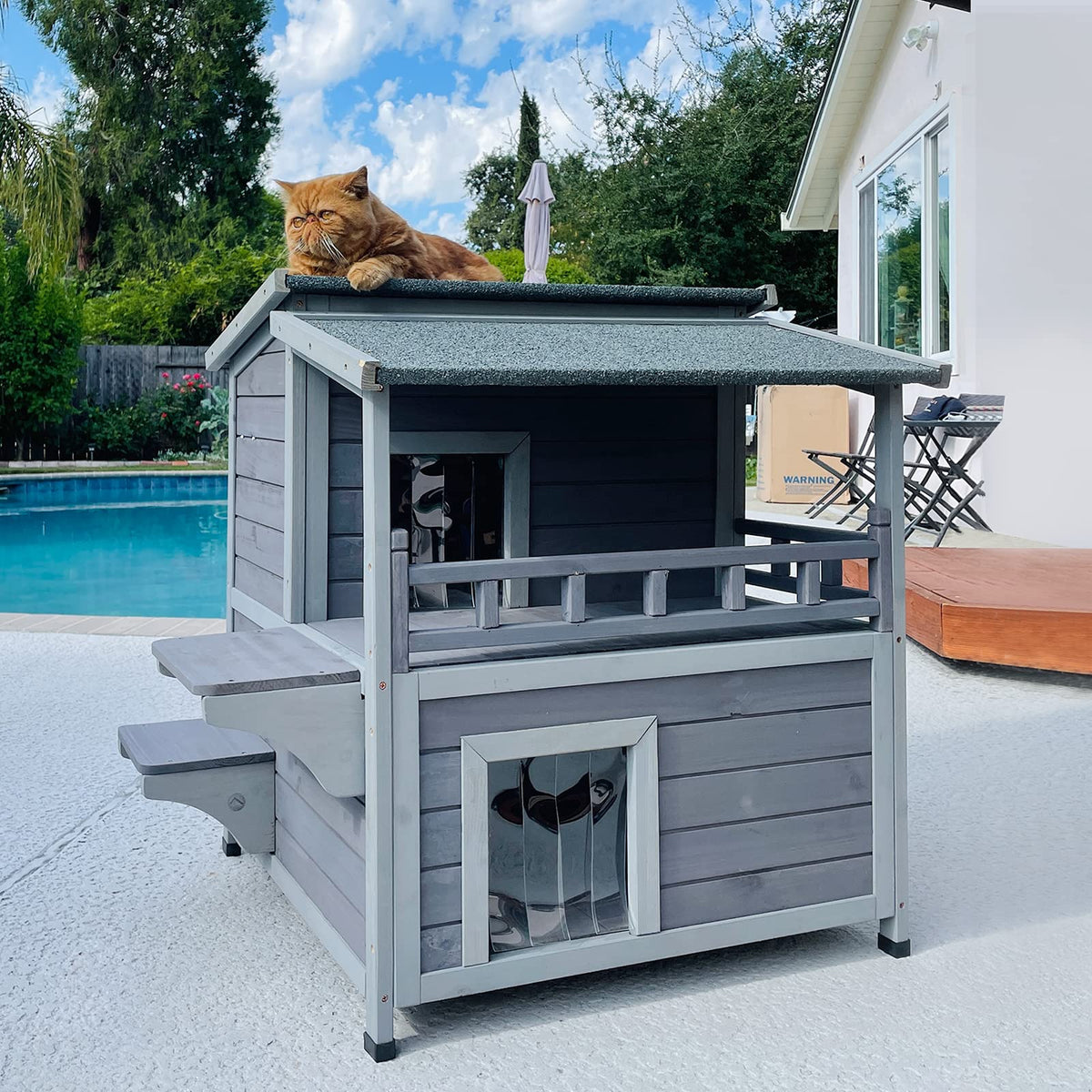 Aivituvin 2 Story Cat House Enclosure With Large Balcony, Indoor Cat Condo Outdoor Cat Shelter, Wooden Kitty Home With Pvc Door Strip