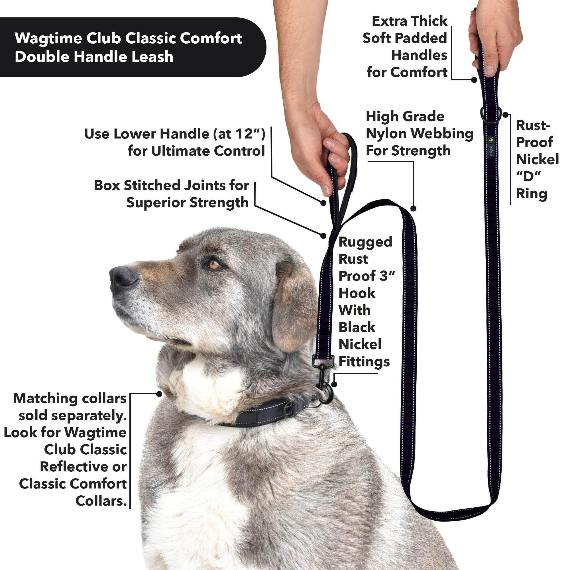 Wagtime Club Soft &Thick Dual Handle 6Ft Dog Leash, Premium Nylon Double Padded Handles For Medium, Large Or Xlarge Dog (Reflective Black)