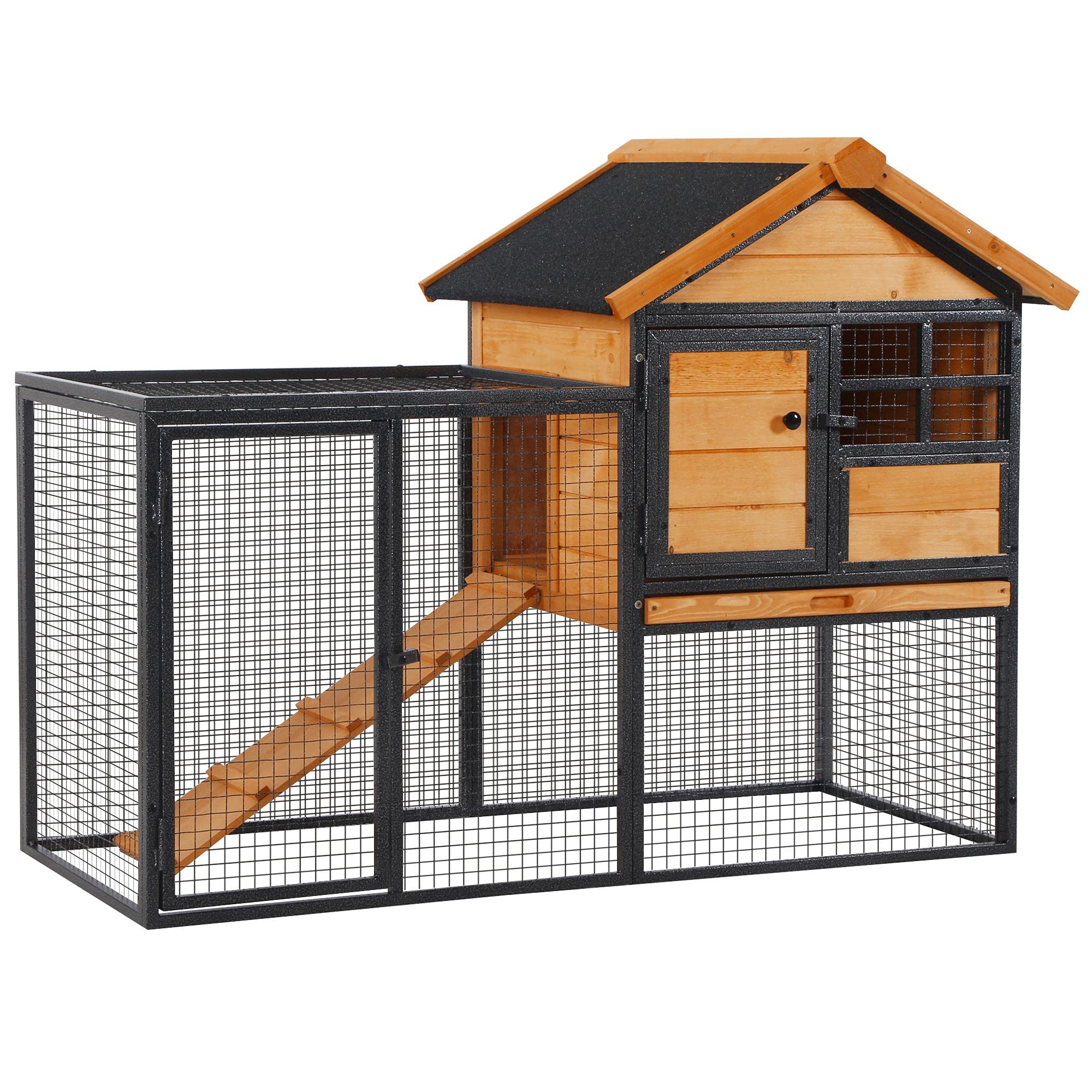 Pawhut Wood-Metal Rabbit Guinea Pig Hutch Elevated Pet House Bunny Cage With Slide-Out Tray Lockable Door Outdoor 122 X 63 X 92Cm Light Yellow