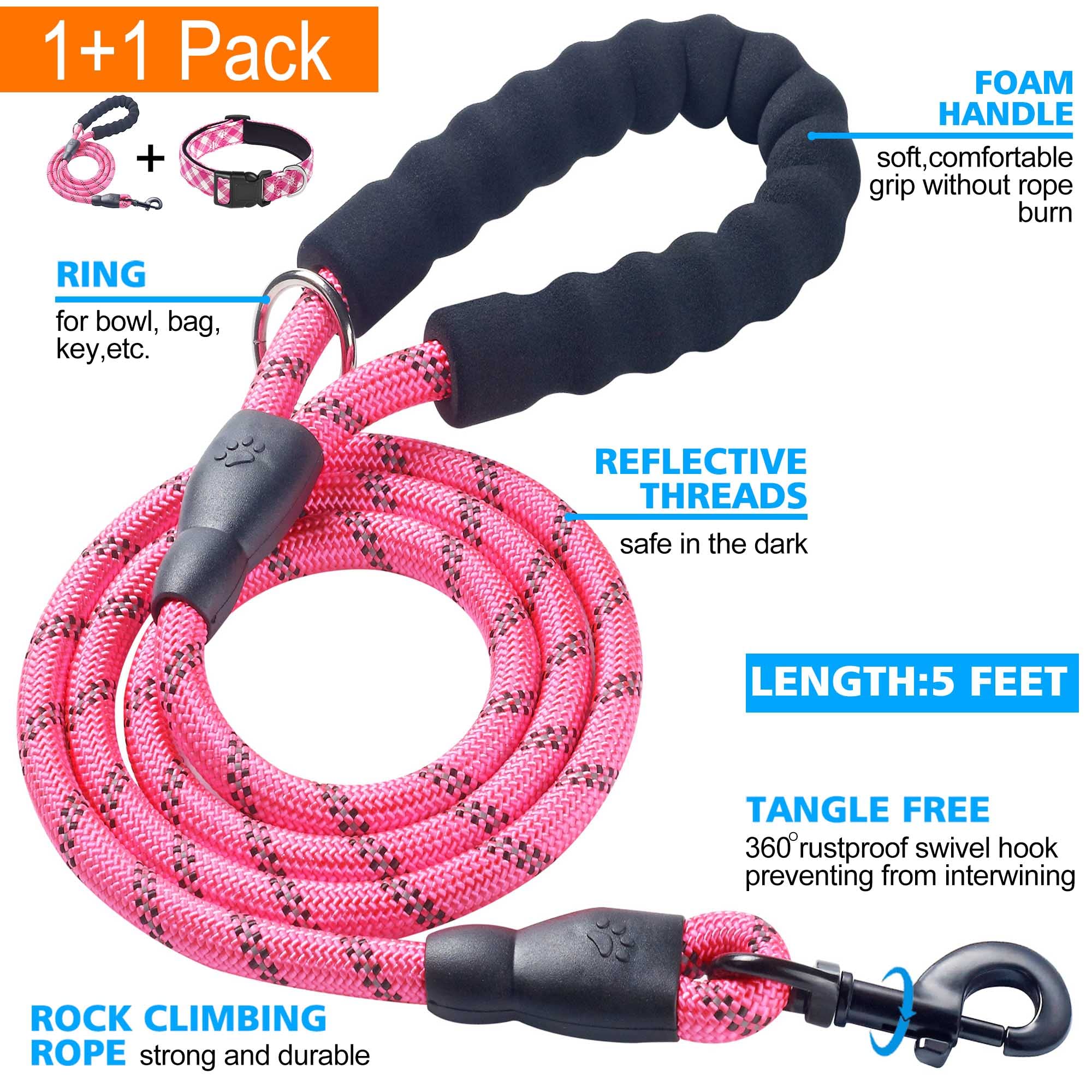 Ladoogo Reflective Dog Collar Padded With Soft Neoprene Breathable Adjustable Nylon Dog Collars For Small Medium Large Dogs (Medium (Pack Of 1), Pink Plaid Collar+Leash)