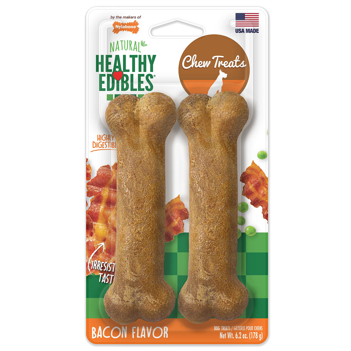 Nylabone Healthy Edibles Natural Dog Chews Long Lasting Bacon Flavor Treats For Dogs, Medium/Wolf (2 Count)