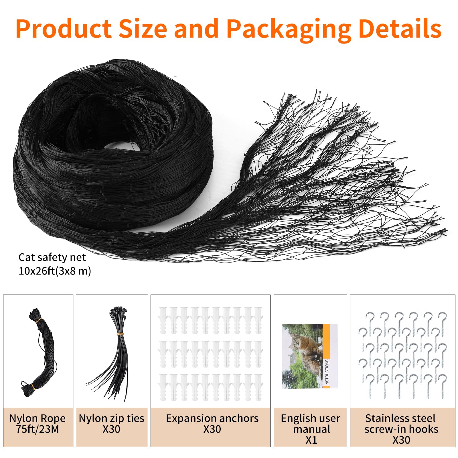 AnExer Cat Balcony Rail Net, 10 x 26 ft Cat Anti-Fall Netting Pet Balcony Mesh Fence Net Dog Fence Nets Black Nylon Pets Anti-Fa