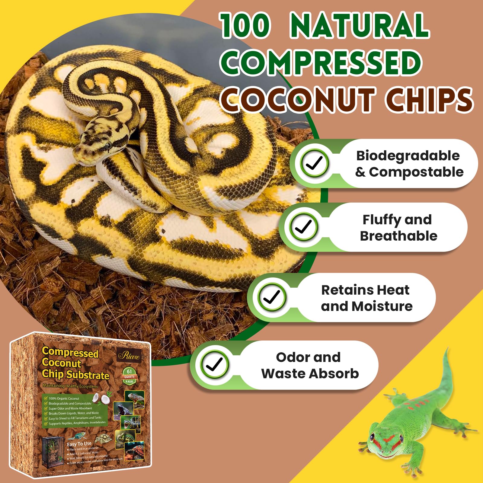 Riare 8.8Lb Coconut Chip Substrate For Reptiles, 60 Quart Coconut Fiber Substrate Coco Chips Substrate Coconut Husk Bedding For