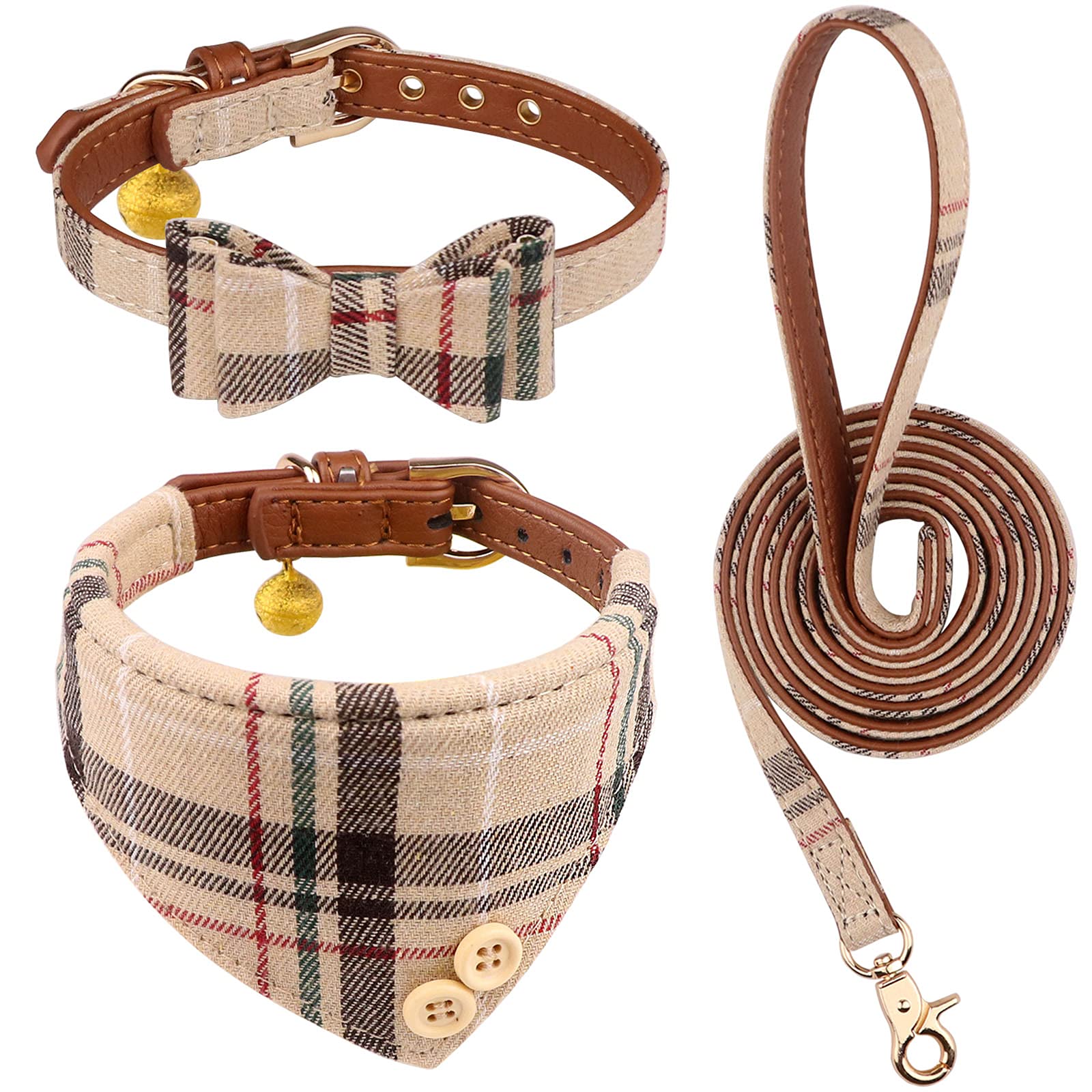 3 Pcs Dog Collars For Small Puppy Collar And Leash Set, Bow Tie With Bell, Bandana Leather For Small Dogs Puppies And Cats(Beige)