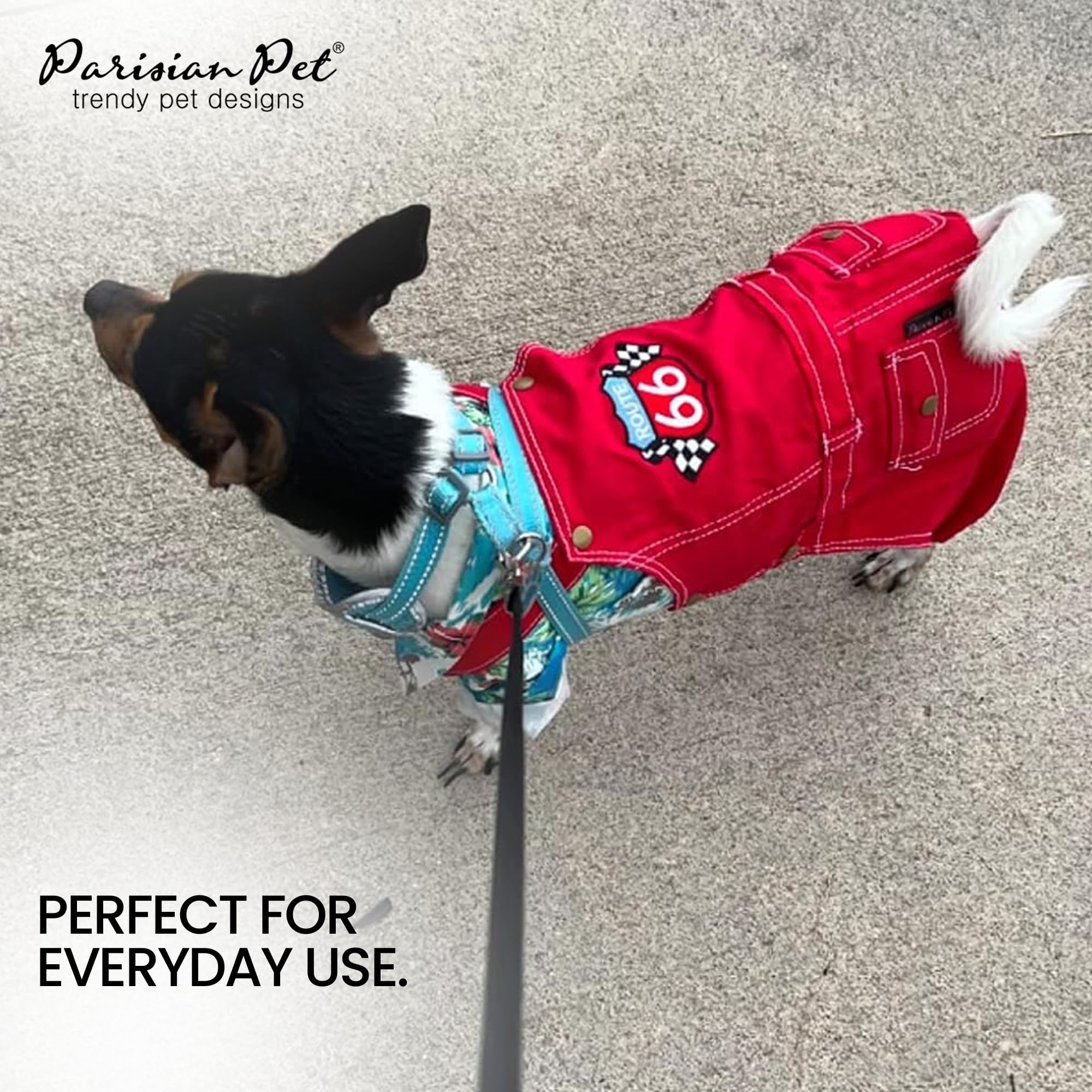Parisian Pet Denim Overall - Route 66 Red Jumpsuit - Breathable & Machine Washable for Large Dogs, Size L