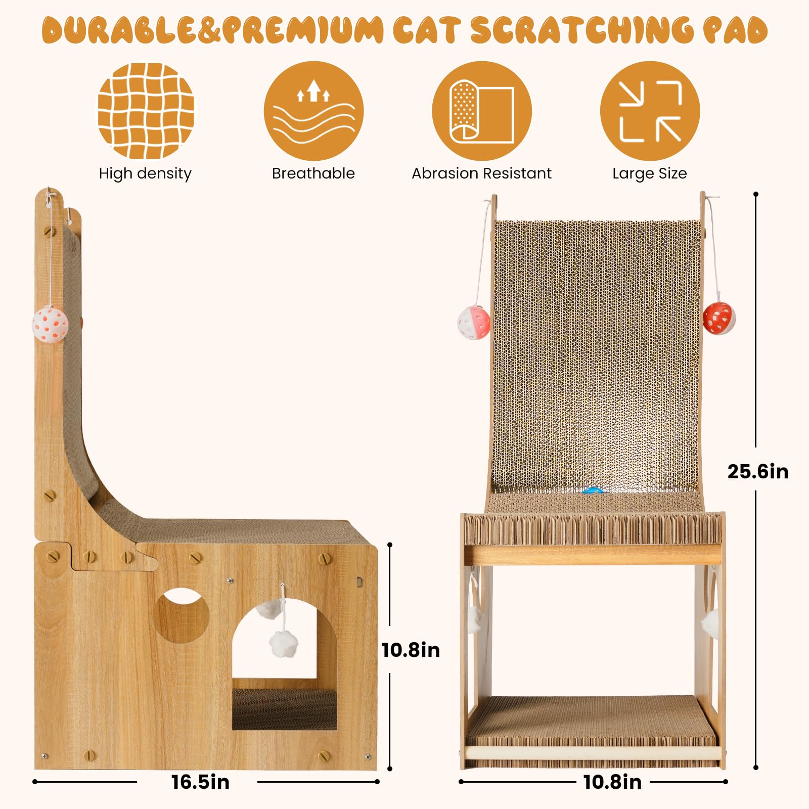 YEMOO Cat Scratcher - L Shaped Double Layer Cardboard Scratching Board with 5 Ball Toys, 25.6"x11.02"x16.54", Wood, Model YM-