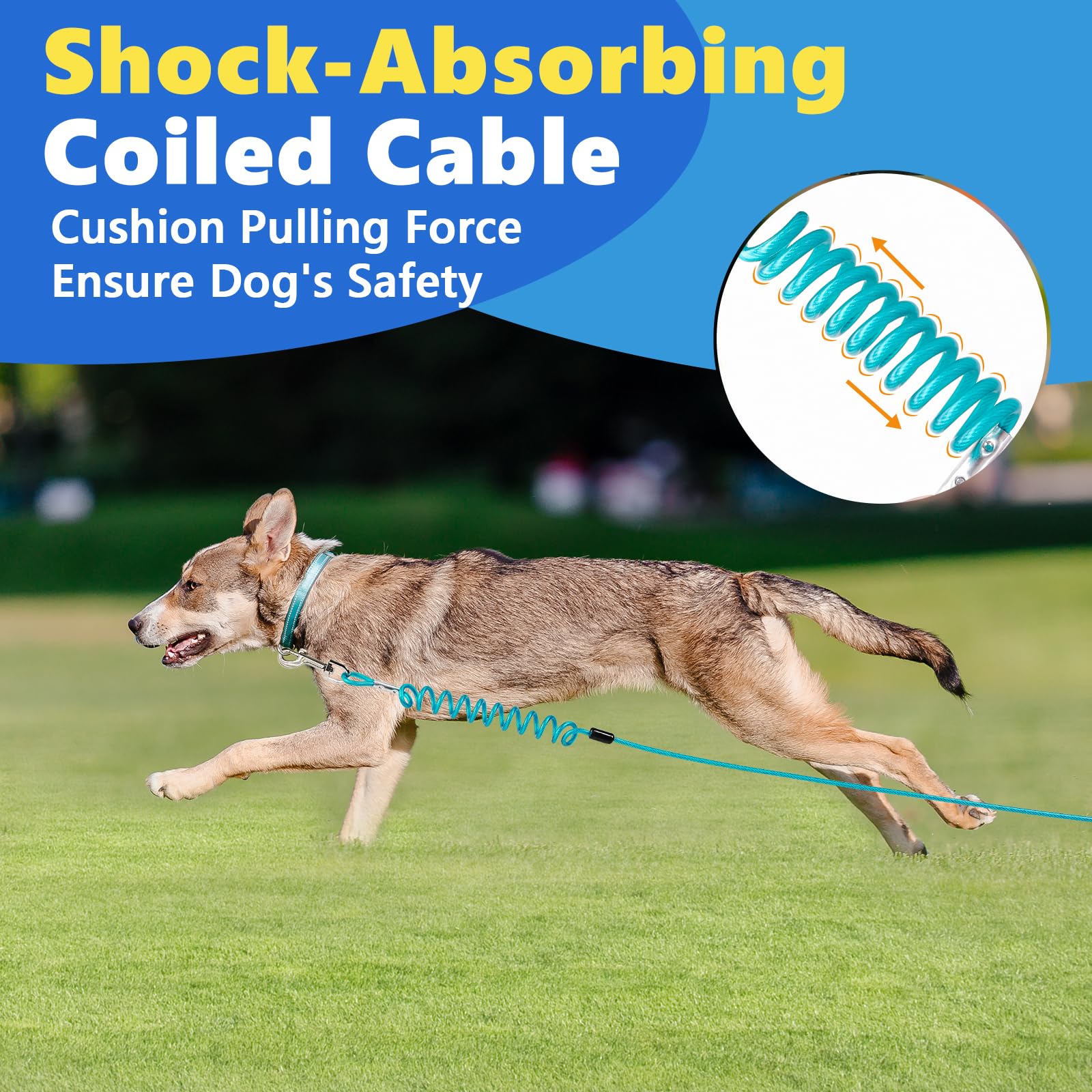 32FT Shock-Absorbing Dog Tie Out Cable & Stake for Backyard, Camping, Traveling, for Dogs up to 250Lbs, Durable Dog Tether/Leash