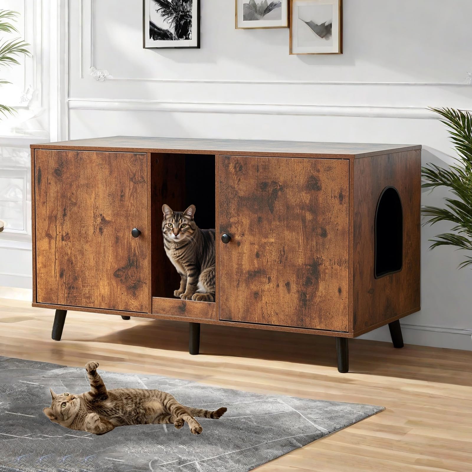 JanflyHome Litter Box Furniture for 2 Cats - Farmhouse Hidden Cat Litter Box Enclosure Cabinet Furniture Double Room, 42.3 TV St