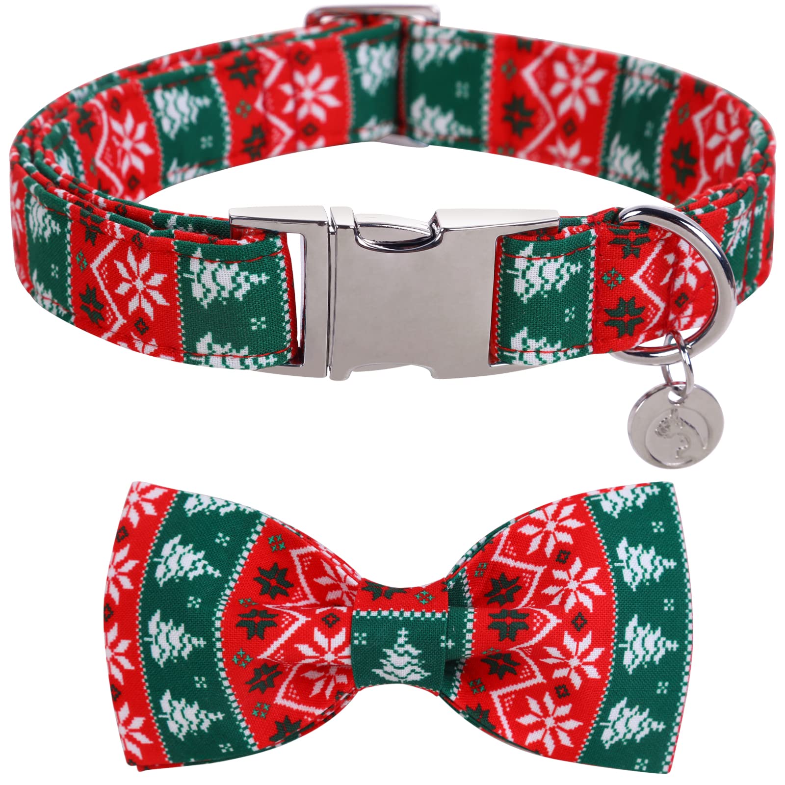 Dogwong Christmas Dog Collar With Bow Tie, Red Green Strip Snowflake Dog Collar Soft Durable Adjustable Cotton Puppy Collar For 