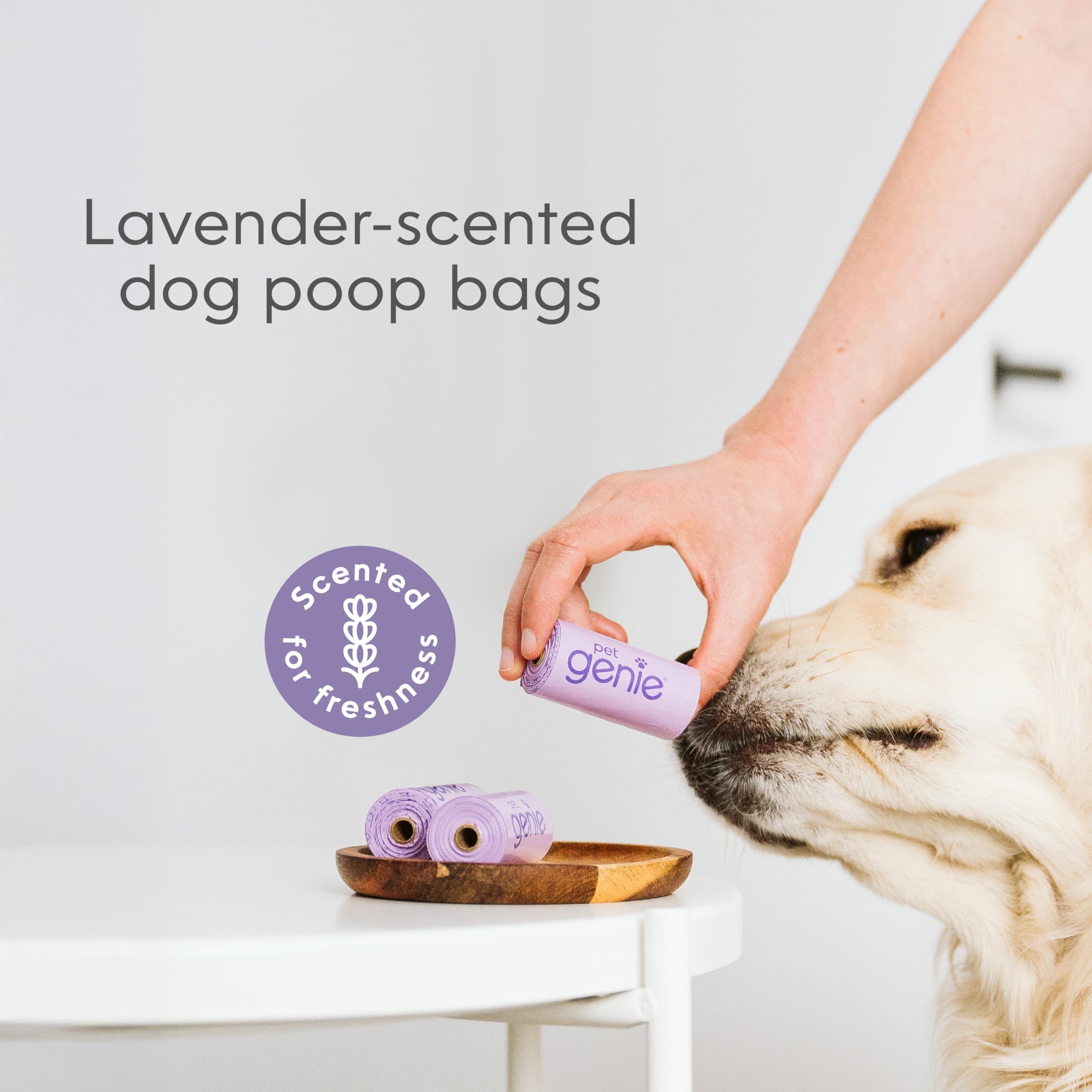 Pet Genie Lavender Scented Dog Poop Bags, Extra Strong & Leak-Proof, 120 Count (8 Rolls), Made from 65% Recycled Plastic