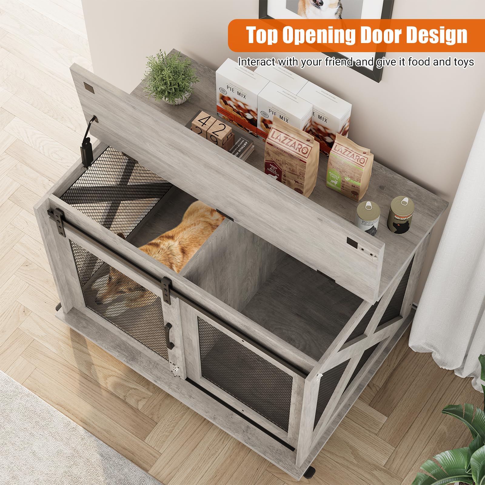 Idealhouse 37'Dog Cage, Farmhouse Dog Crate Furniture With Sliding Barn Door, Flip Top Wooden Dog Kennel End Table With Wheels