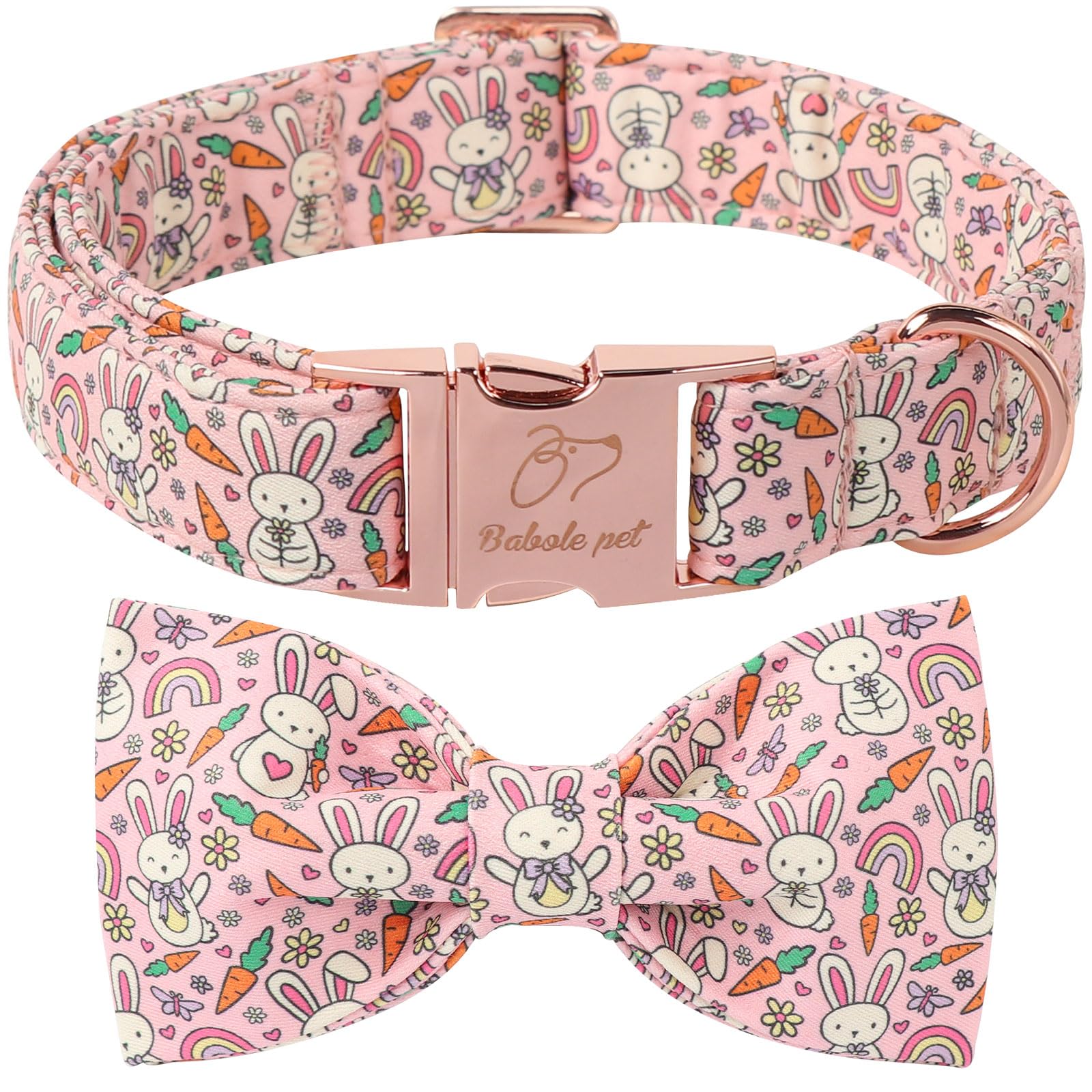 Babole Pet Easter Dog Collar With Bow Tie - Bunny Pattern Pink Bowtie Adjustable Heavy Duty Spring Collar For Small Medium Large